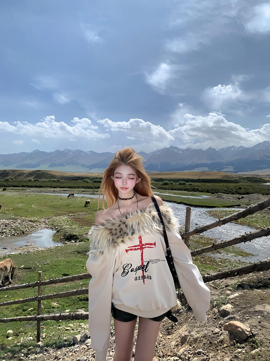 PoopyLii Leopard Fur Collar Asymmetrical Print Women's Cotton Blend Sweatshirts