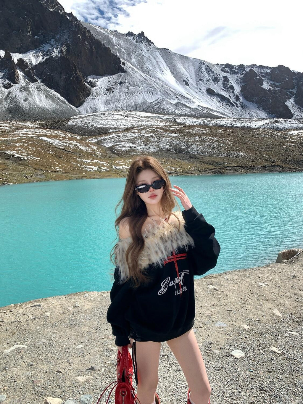 PoopyLii Leopard Fur Collar Asymmetrical Print Women's Cotton Blend Sweatshirts