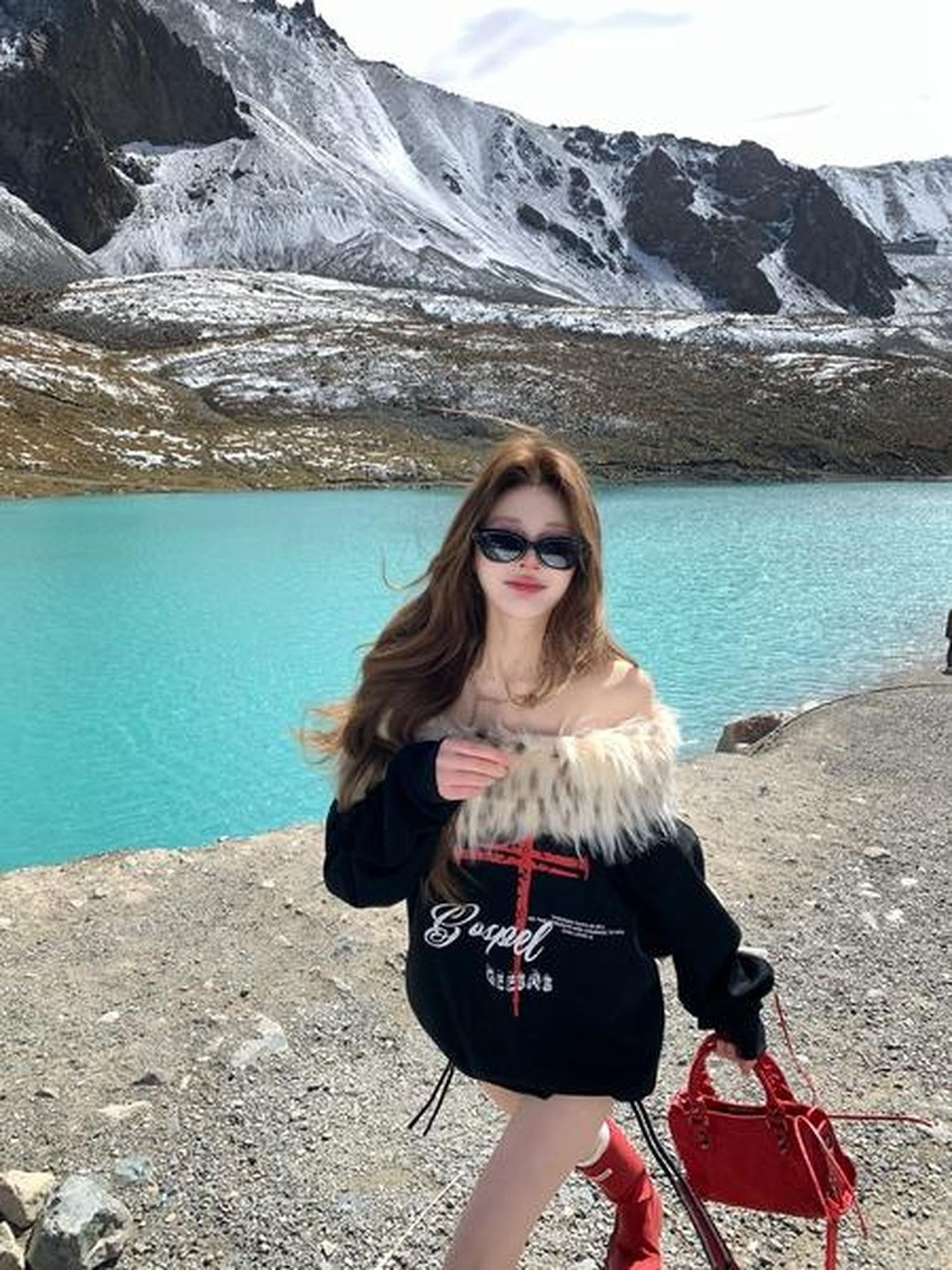 PoopyLii Leopard Fur Collar Asymmetrical Print Women's Cotton Blend Sweatshirts