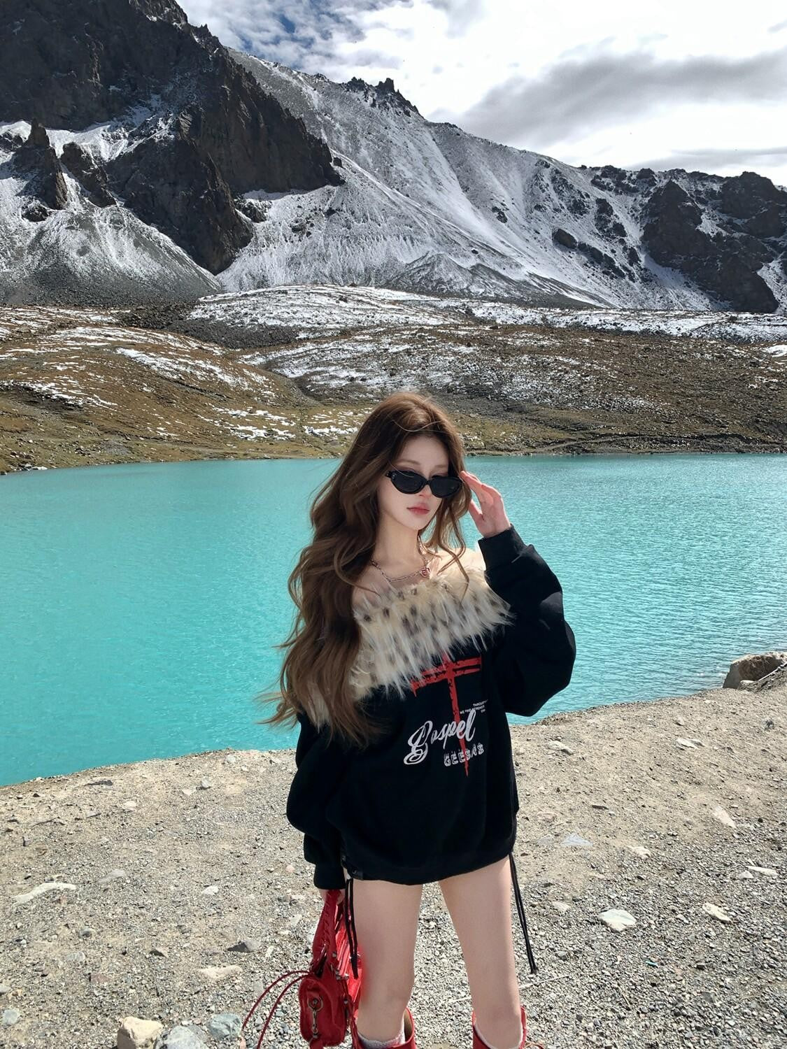 PoopyLii Leopard Fur Collar Asymmetrical Print Women's Cotton Blend Sweatshirts