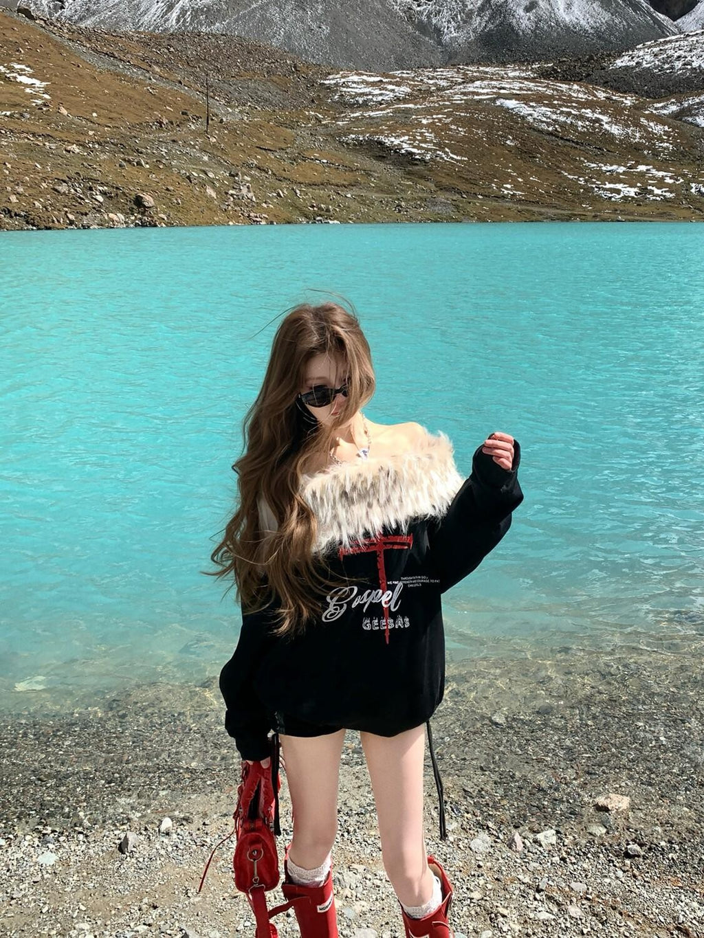 PoopyLii Leopard Fur Collar Asymmetrical Print Women's Cotton Blend Sweatshirts