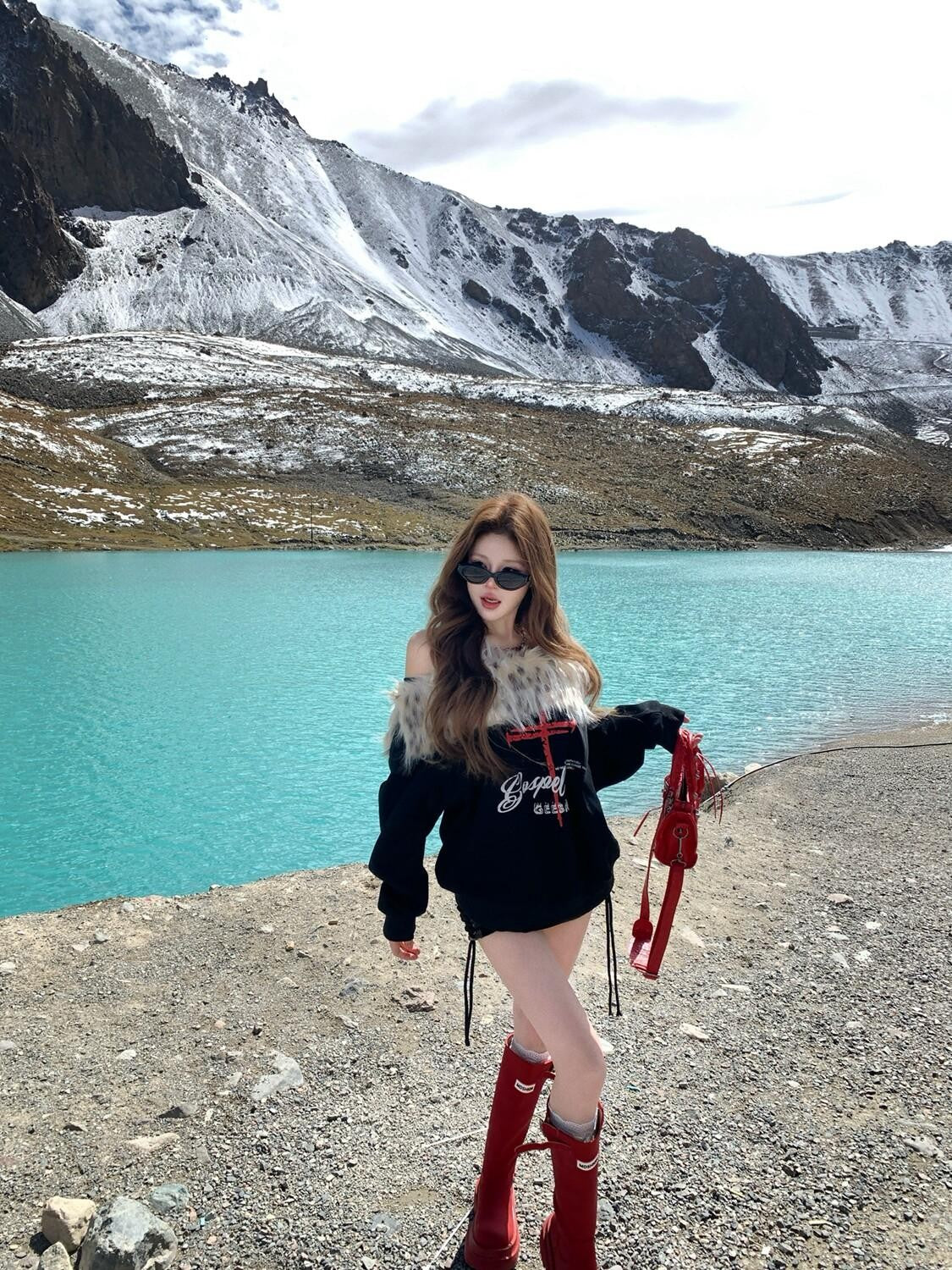PoopyLii Leopard Fur Collar Asymmetrical Print Women's Cotton Blend Sweatshirts