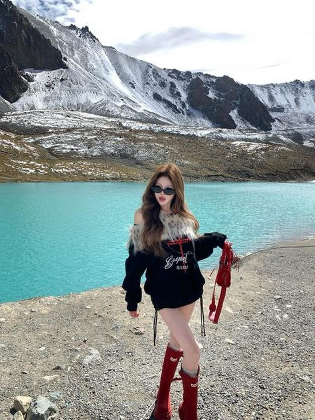 PoopyLii Leopard Fur Collar Asymmetrical Print Women's Cotton Blend Sweatshirts
