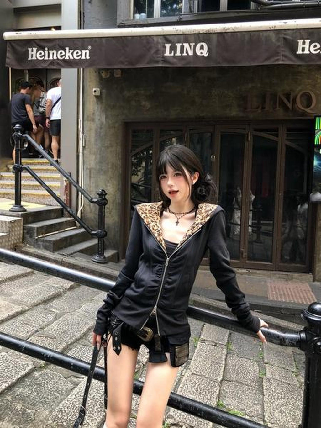 PoopyLii Leopard Lined Double Zipper Hooded Women's Polyester Casual Jackets