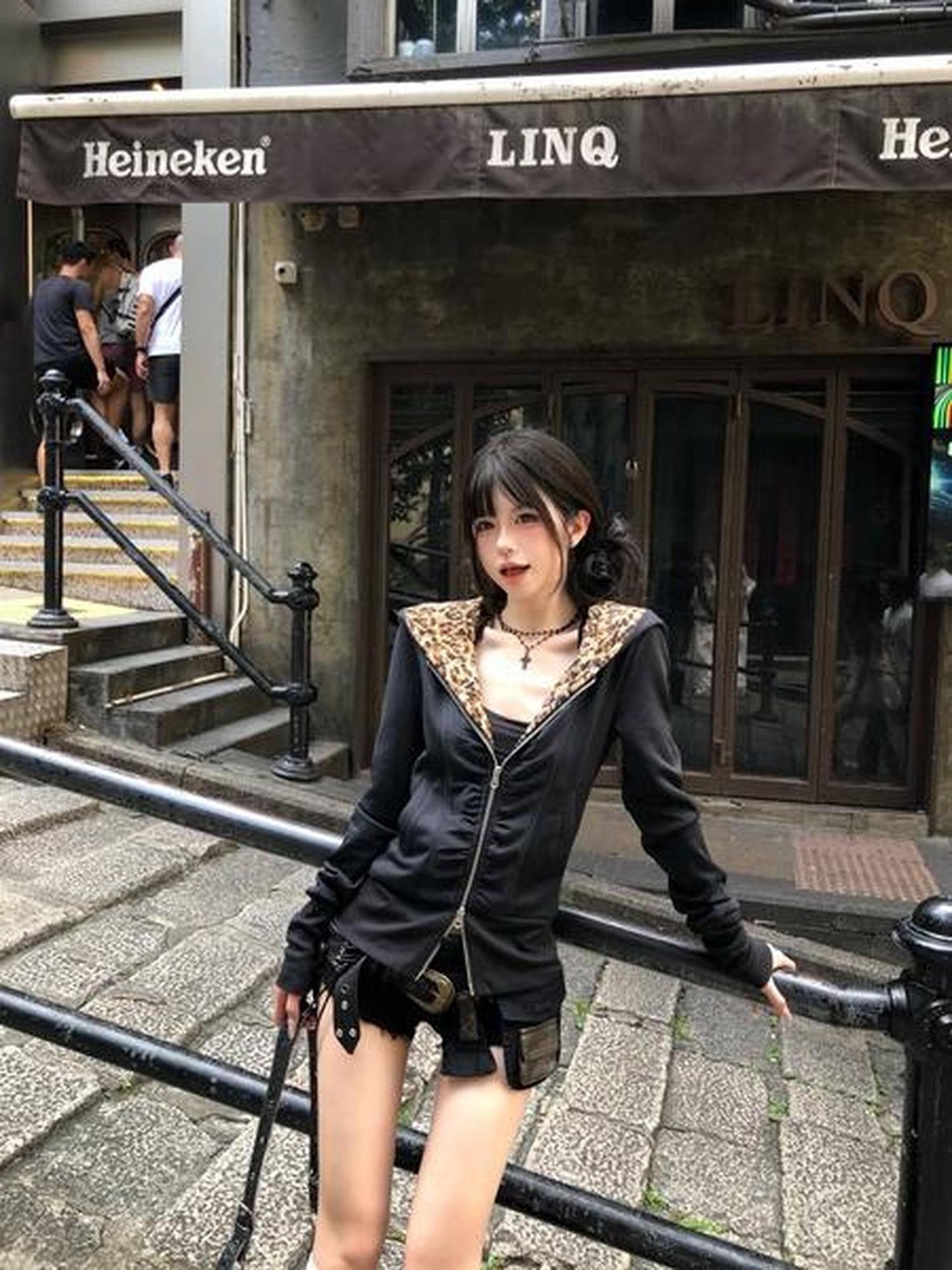 PoopyLii Leopard Lined Double Zipper Hooded Women's Polyester Casual Jackets