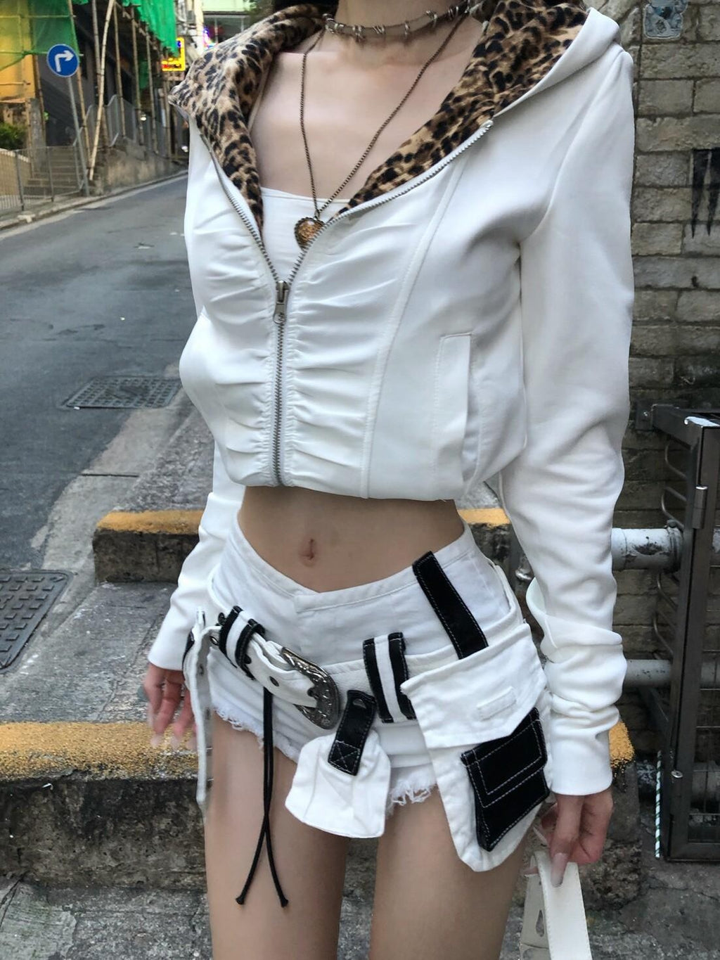 PoopyLii Leopard Lined Double Zipper Hooded Women's Polyester Casual Jackets