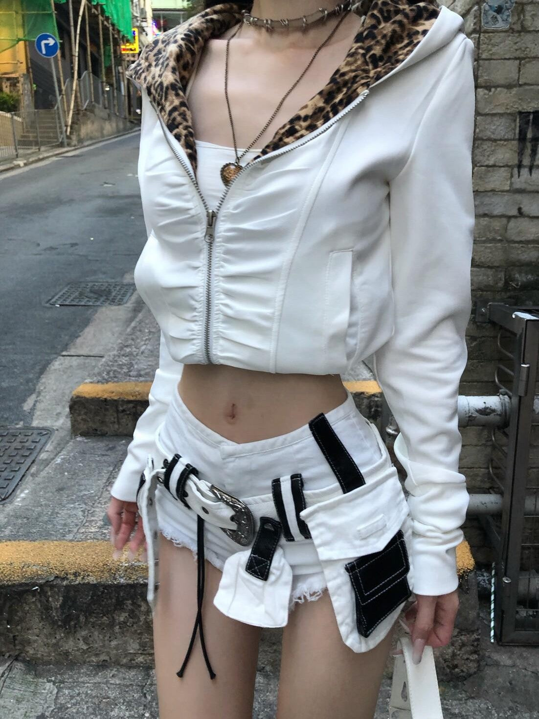 PoopyLii Leopard Lined Double Zipper Hooded Women's Polyester Casual Jackets