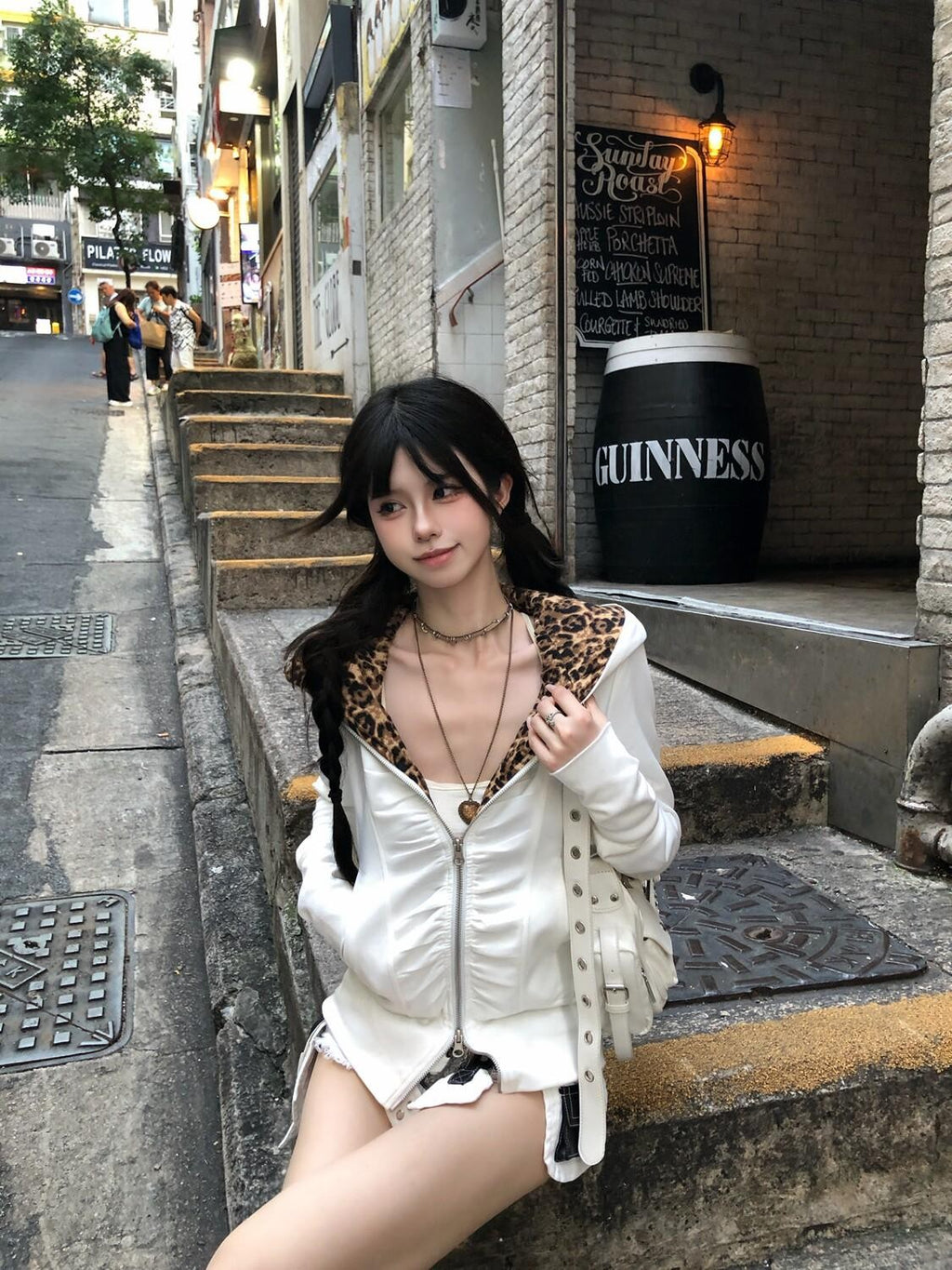 PoopyLii Leopard Lined Double Zipper Hooded Women's Polyester Casual Jackets