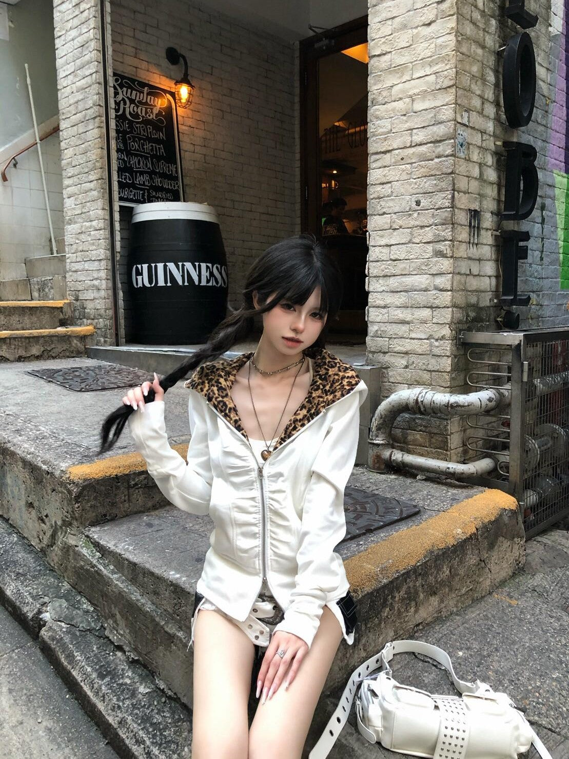 PoopyLii Leopard Lined Double Zipper Hooded Women's Polyester Casual Jackets