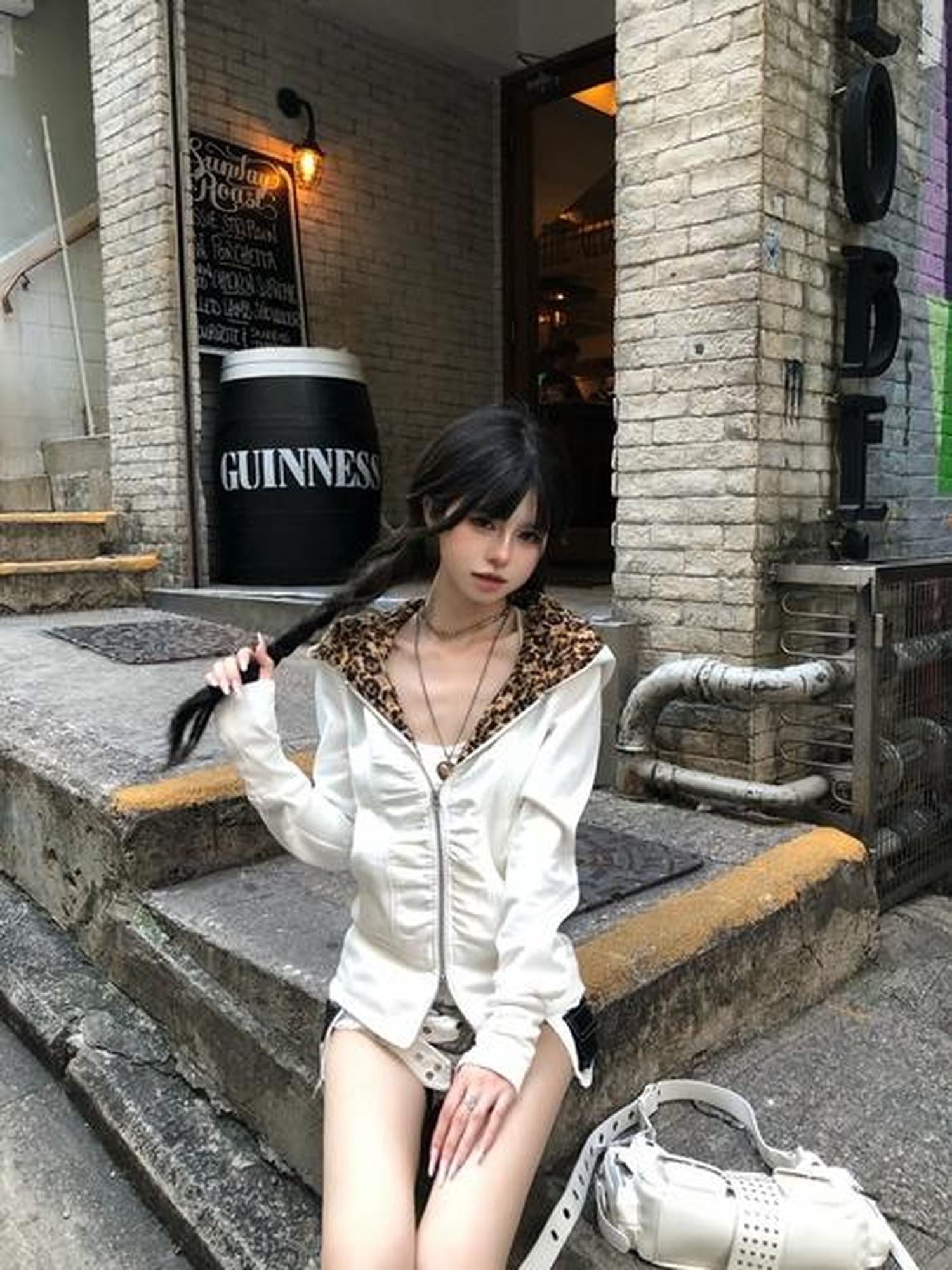 PoopyLii Leopard Lined Double Zipper Hooded Women's Polyester Casual Jackets