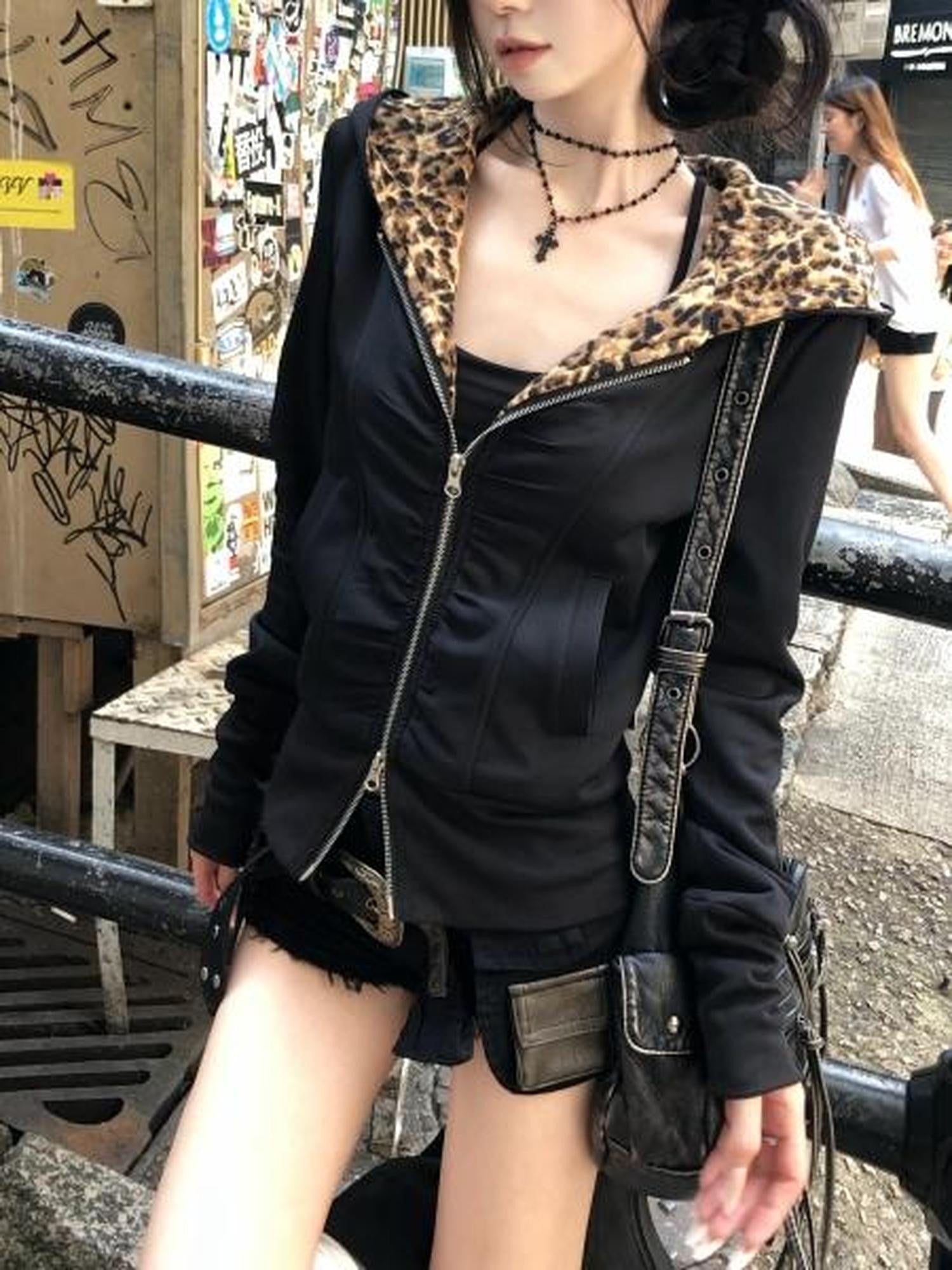 PoopyLii Leopard Lined Double Zipper Hooded Women's Polyester Casual Jackets