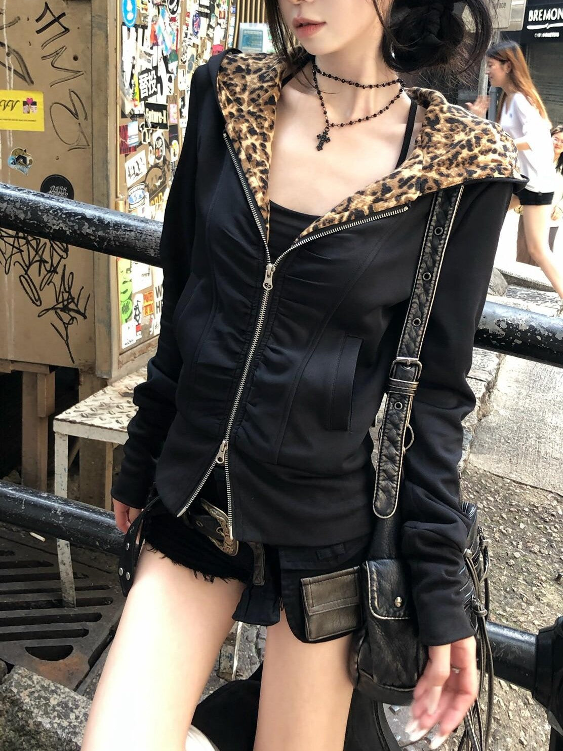 PoopyLii Leopard Lined Double Zipper Hooded Women's Polyester Casual Jackets