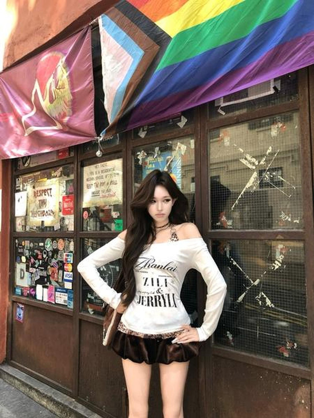 PoopyLii Leopard Spliced Retro One Shoulder Women's Polyester Long Sleeve T-shirts