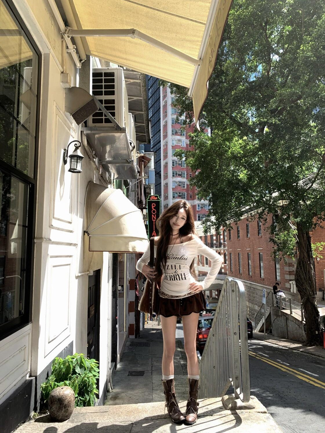PoopyLii Leopard Spliced Retro One Shoulder Women's Polyester Long Sleeve T-shirts