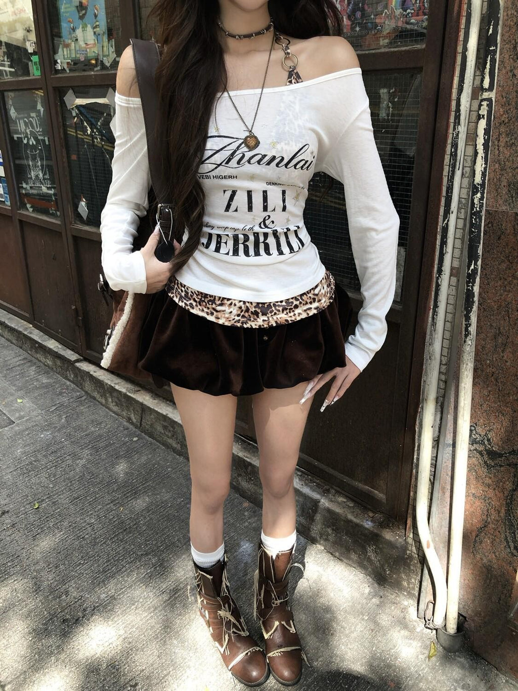 PoopyLii Leopard Spliced Retro One Shoulder Women's Polyester Long Sleeve T-shirts