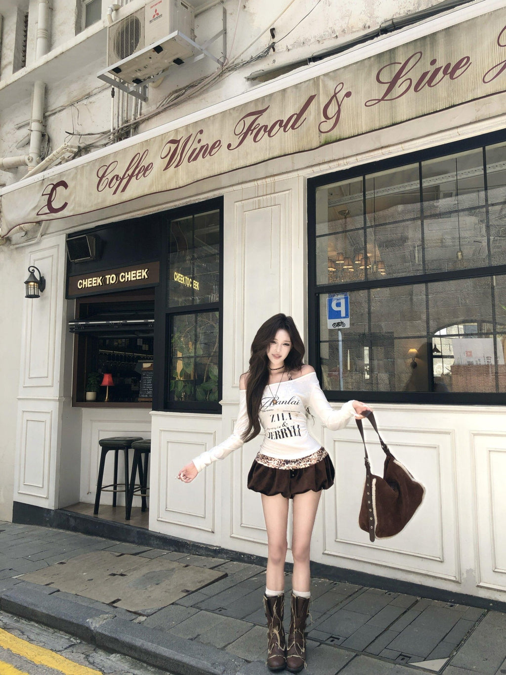 PoopyLii Leopard Spliced Retro One Shoulder Women's Polyester Long Sleeve T-shirts