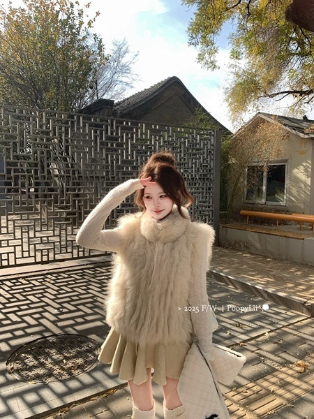 PoopyLii_Light_Pink_Seamed_Stripe_Stand_Collar_Slimming_Loose_Fit_Women's_Fox_Fur_Vests_1008141164590_MISSTT