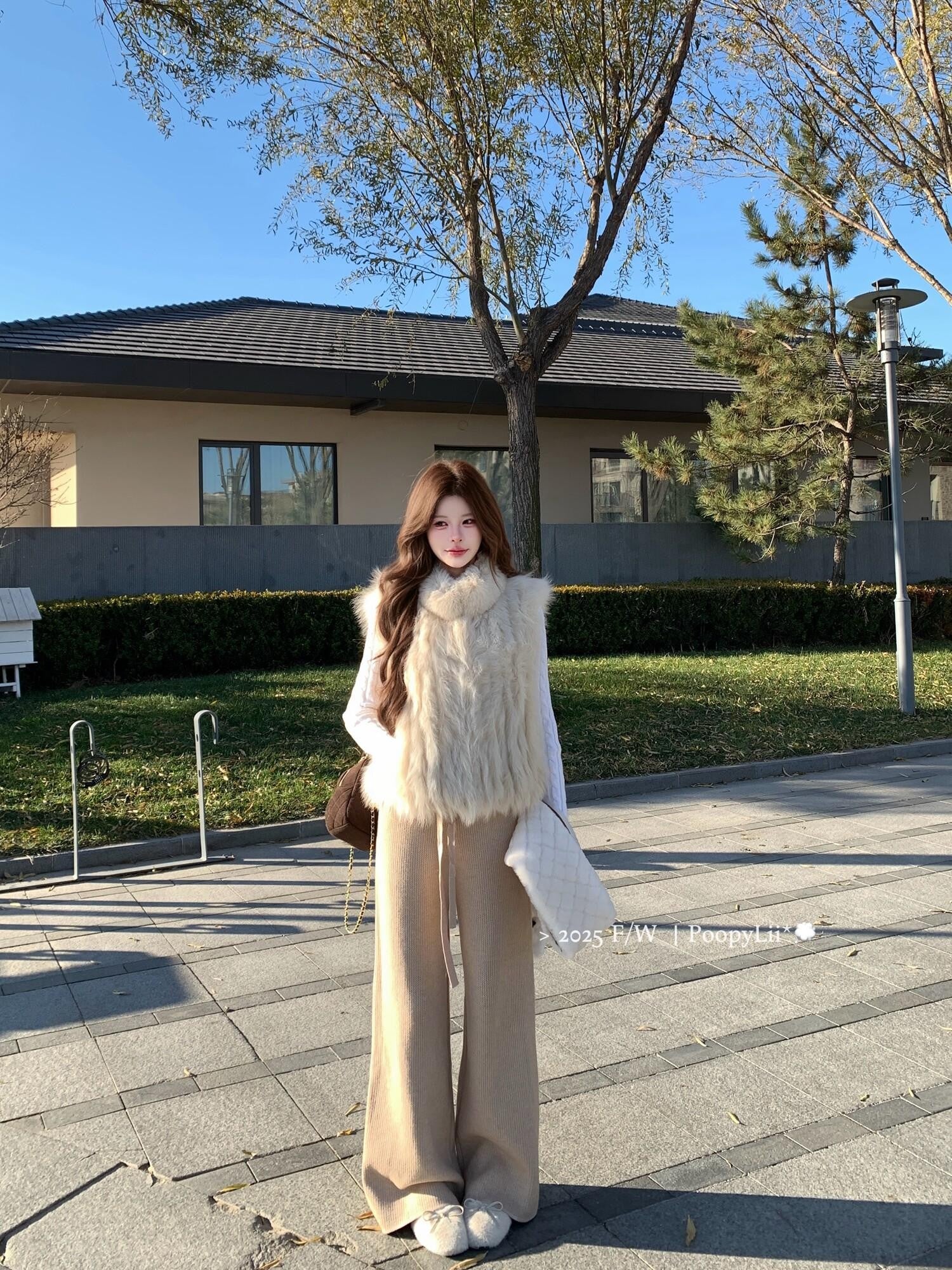 PoopyLii Light Pink Seamed Stripe Stand Collar Slimming Loose Fit Women's Fox Fur Vests