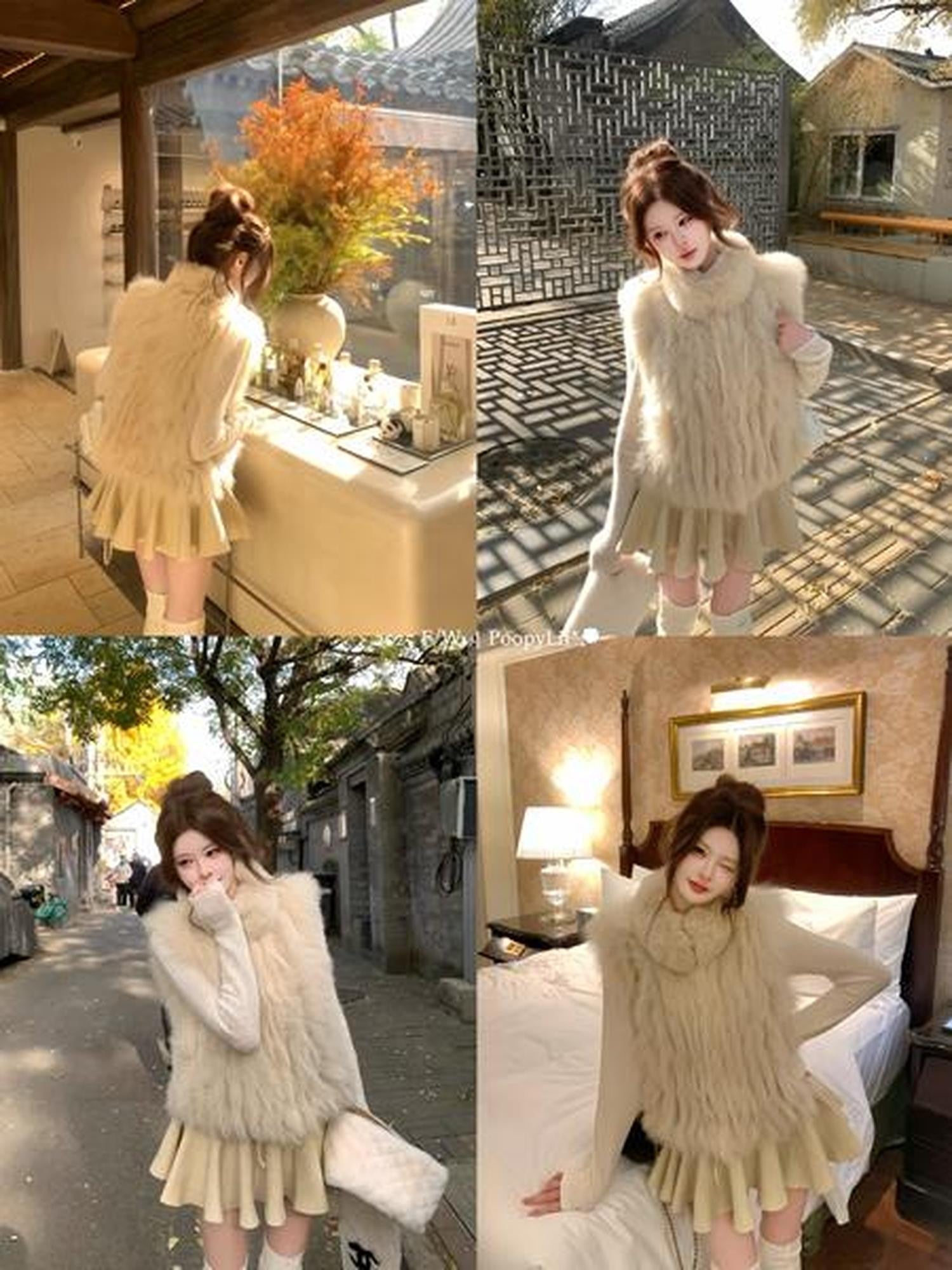 PoopyLii Light Pink Seamed Stripe Stand Collar Slimming Loose Fit Women's Fox Fur Vests