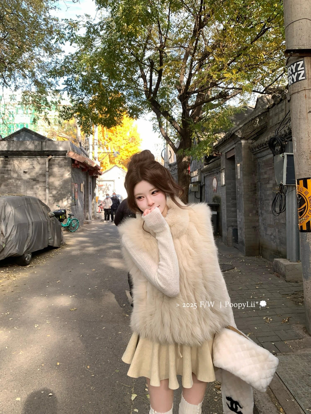 PoopyLii Light Pink Seamed Stripe Stand Collar Slimming Loose Fit Women's Fox Fur Vests