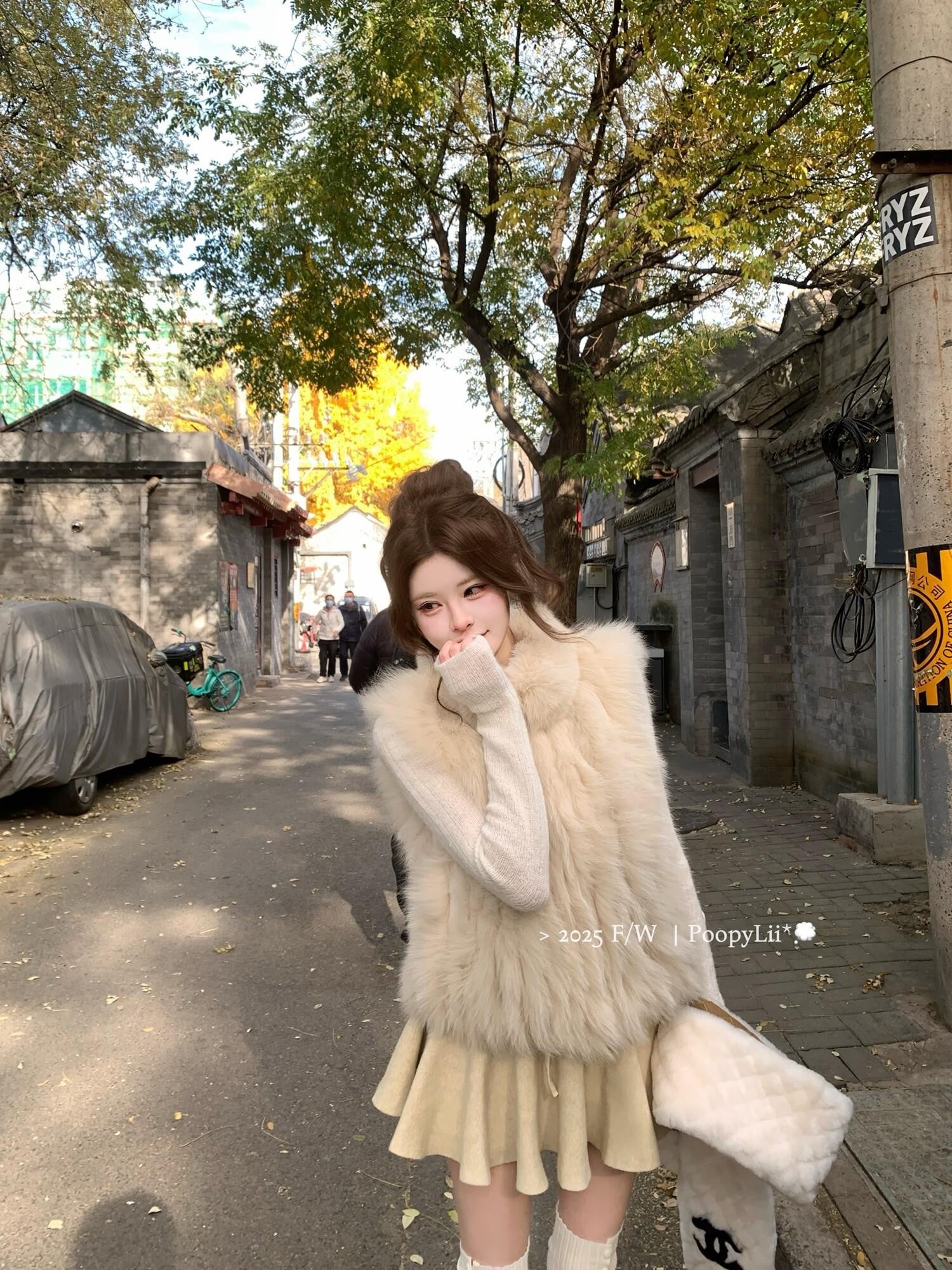 PoopyLii Light Pink Seamed Stripe Stand Collar Slimming Loose Fit Women's Fox Fur Vests