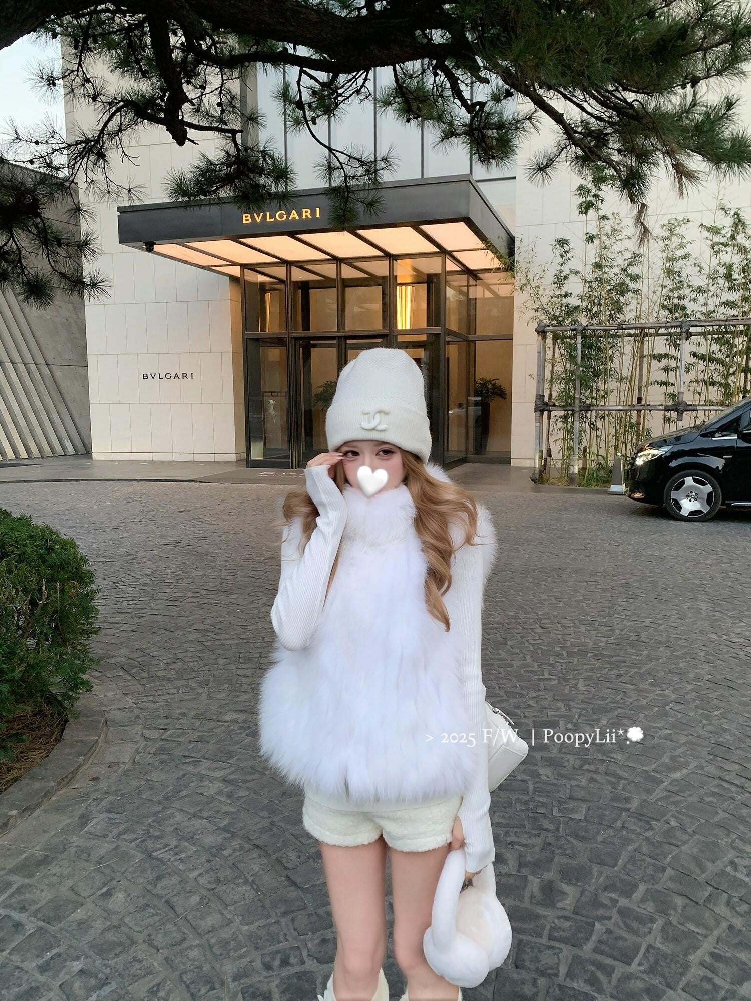 PoopyLii Light Pink Seamed Stripe Stand Collar Slimming Loose Fit Women's Fox Fur Vests