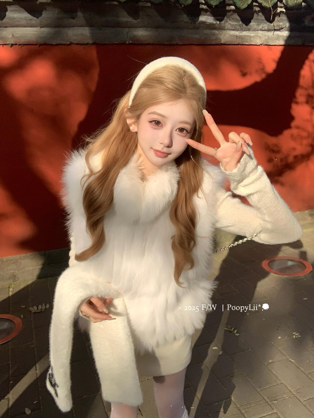 PoopyLii Light Pink Seamed Stripe Stand Collar Slimming Loose Fit Women's Fox Fur Vests