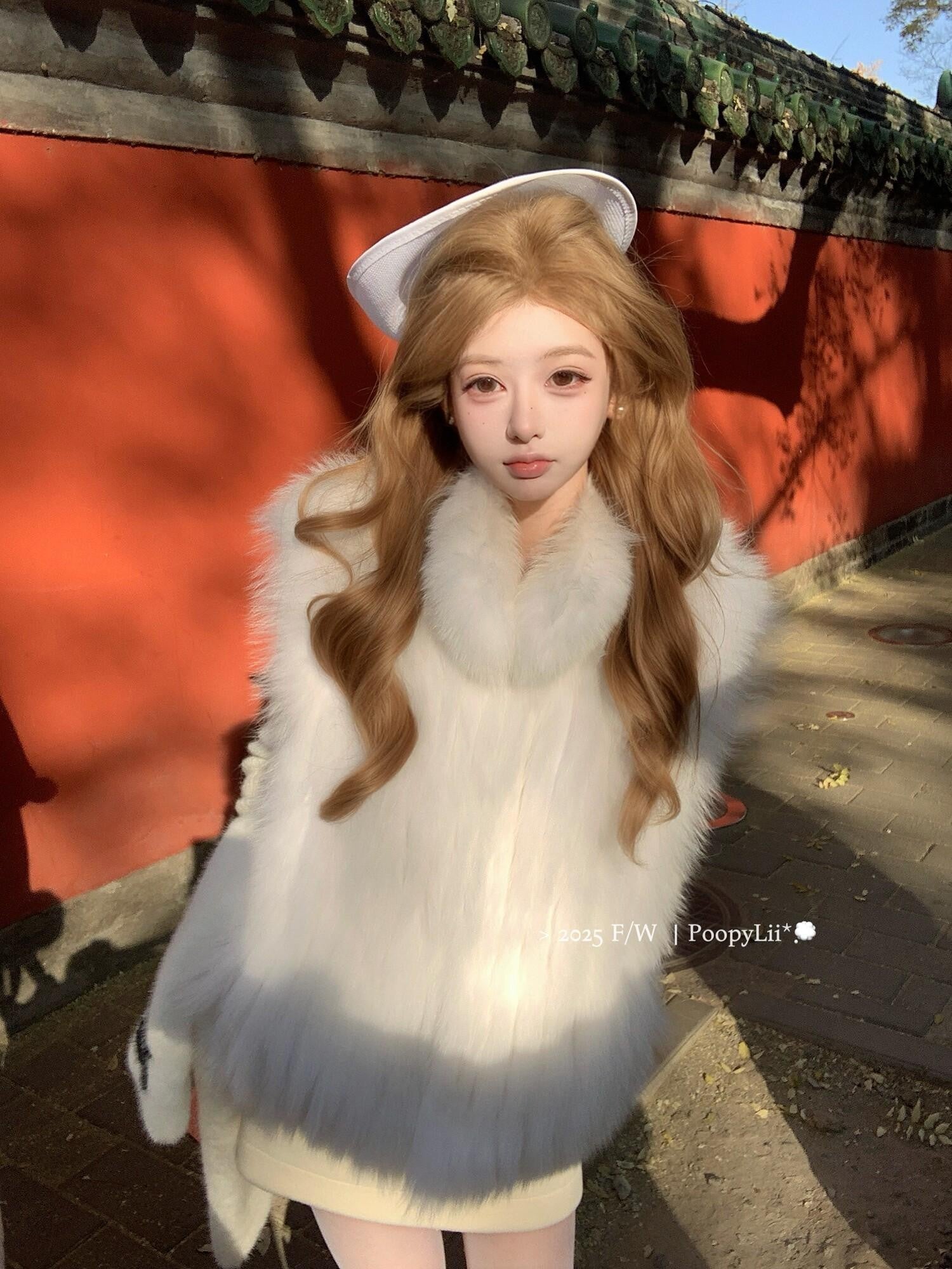 PoopyLii Light Pink Seamed Stripe Stand Collar Slimming Loose Fit Women's Fox Fur Vests