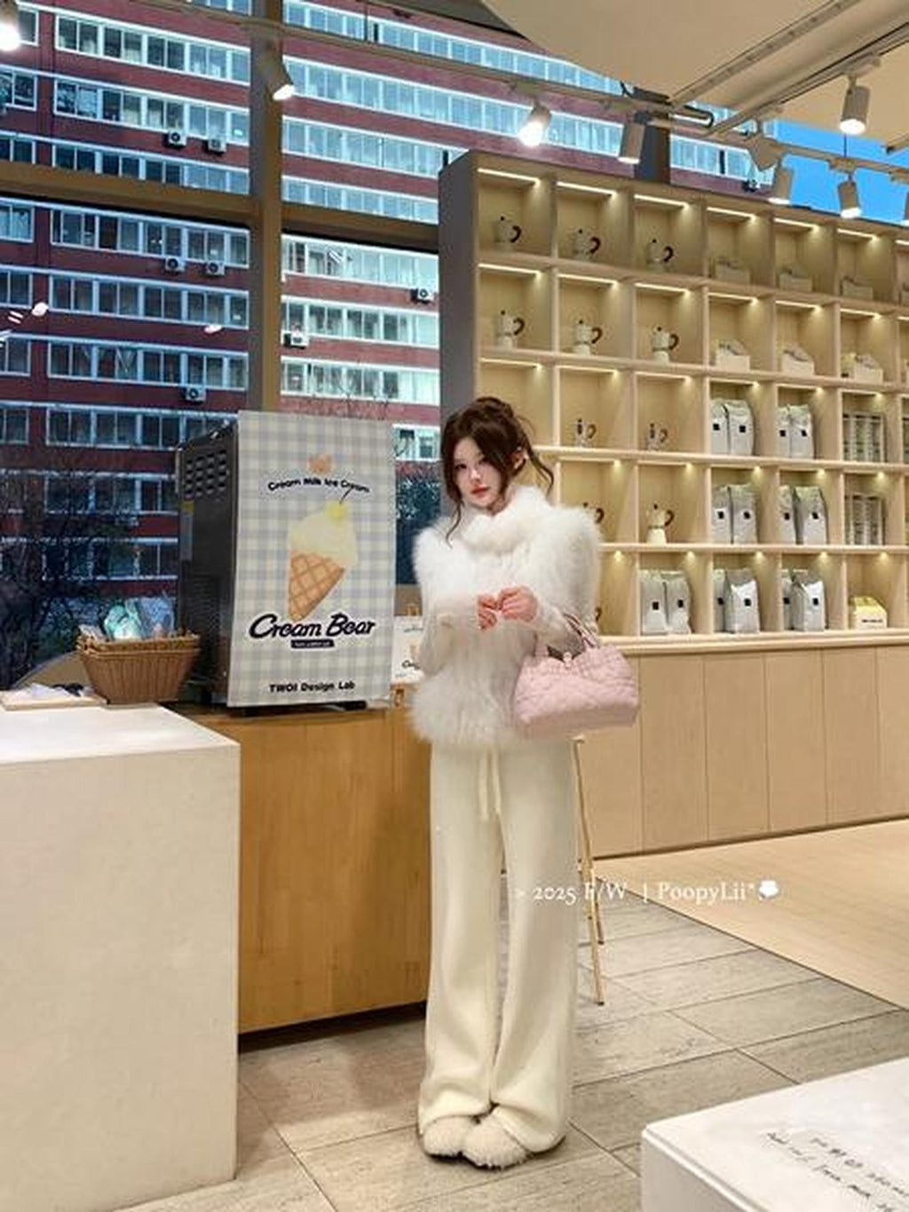 PoopyLii Light Pink Seamed Stripe Stand Collar Slimming Loose Fit Women's Fox Fur Vests