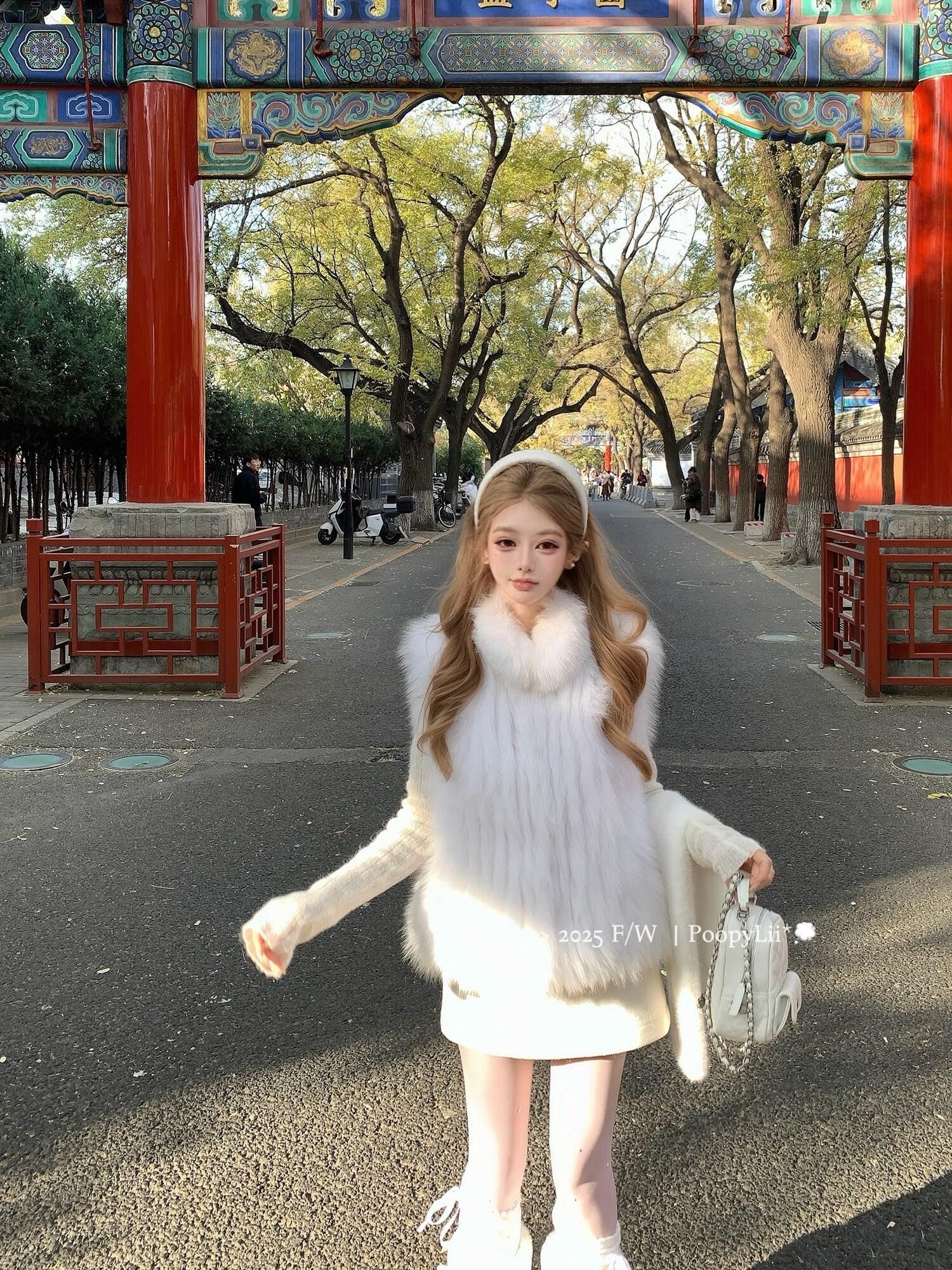 PoopyLii Light Pink Seamed Stripe Stand Collar Slimming Loose Fit Women's Fox Fur Vests
