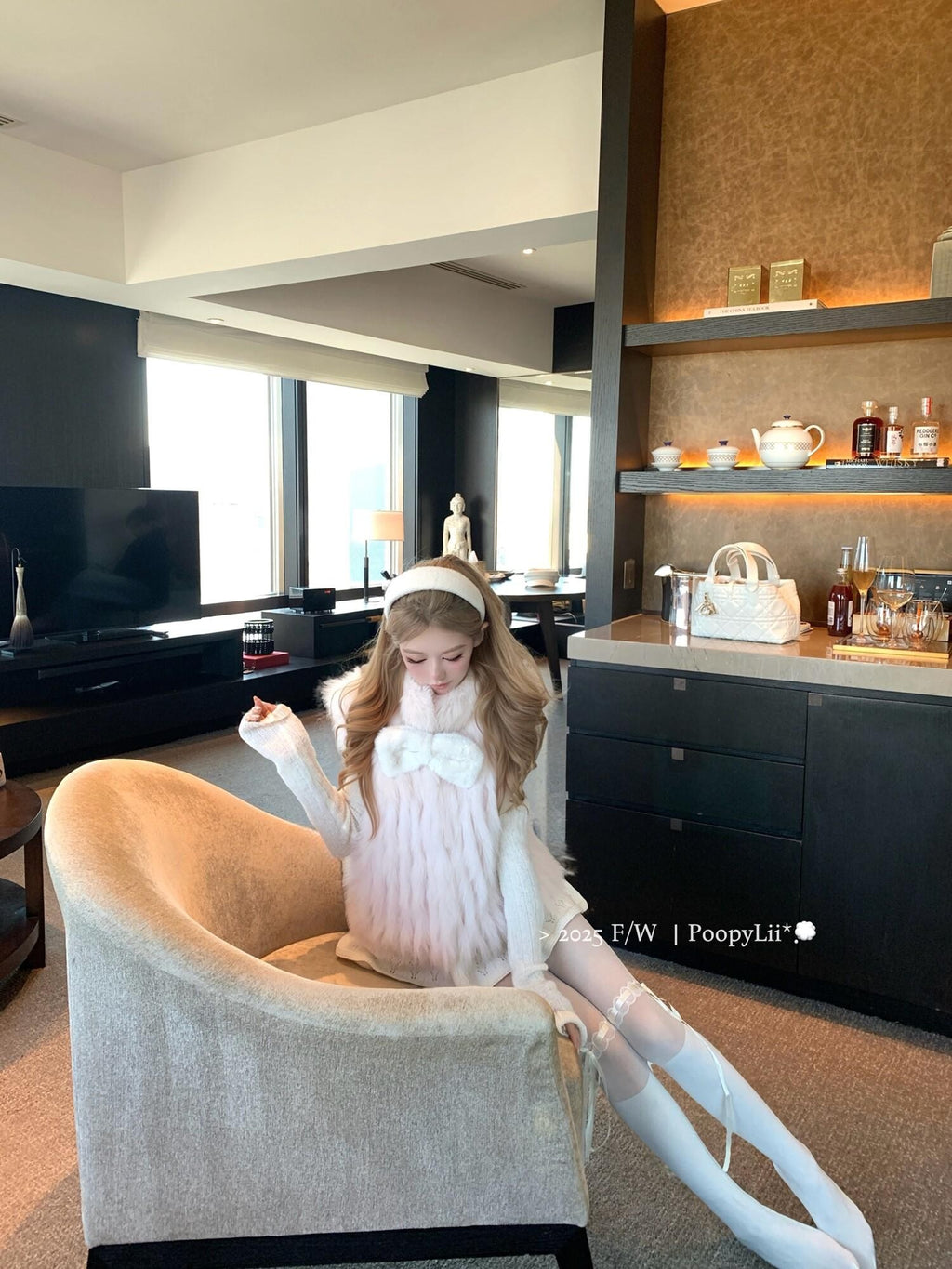 PoopyLii Light Pink Seamed Stripe Stand Collar Slimming Loose Fit Women's Fox Fur Vests
