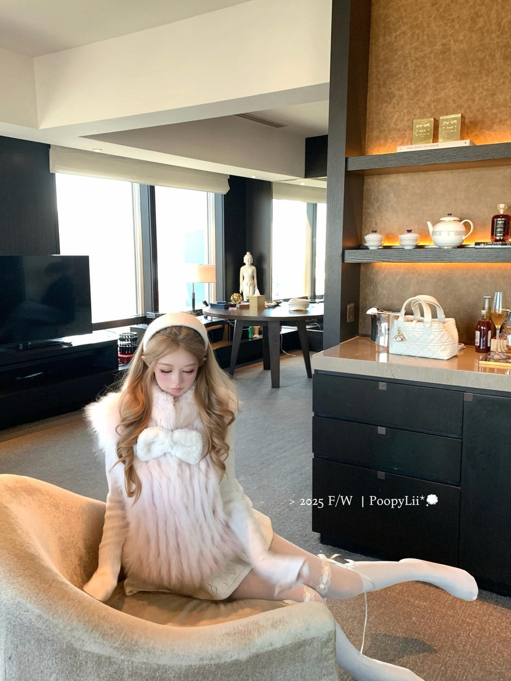 PoopyLii Light Pink Seamed Stripe Stand Collar Slimming Loose Fit Women's Fox Fur Vests