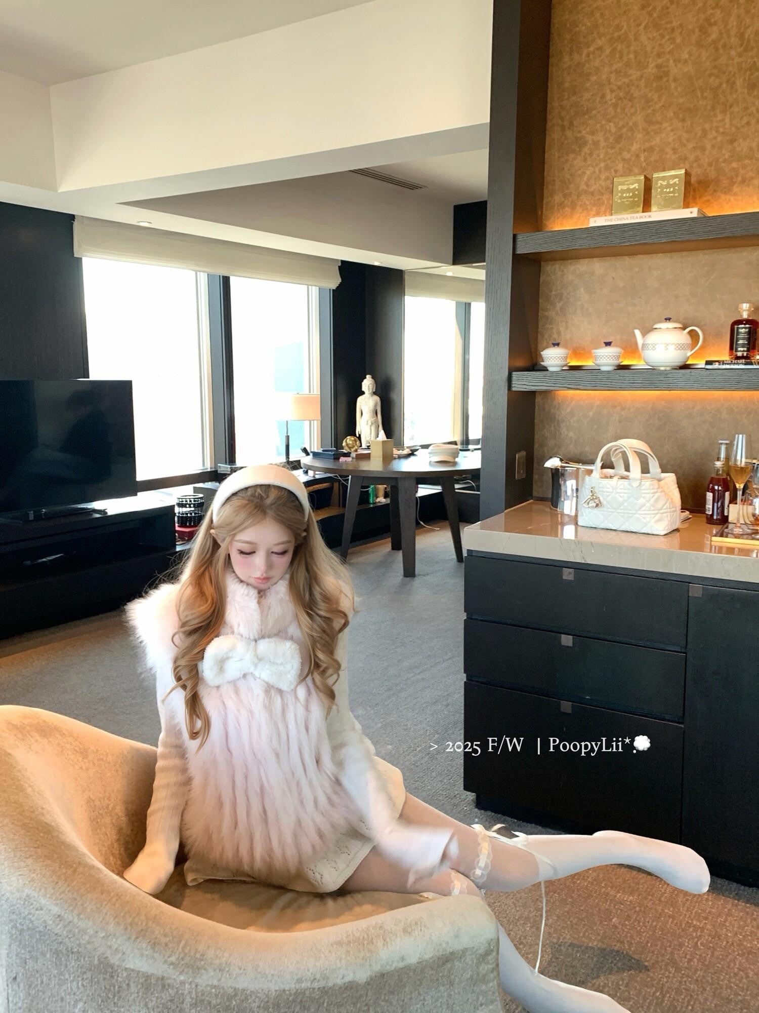PoopyLii Light Pink Seamed Stripe Stand Collar Slimming Loose Fit Women's Fox Fur Vests