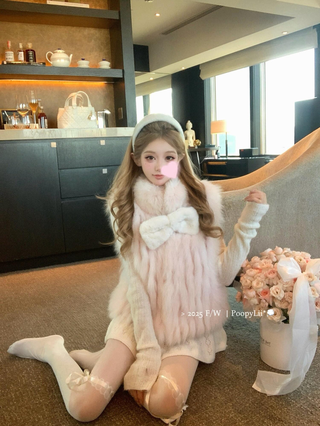 PoopyLii Light Pink Seamed Stripe Stand Collar Slimming Loose Fit Women's Fox Fur Vests