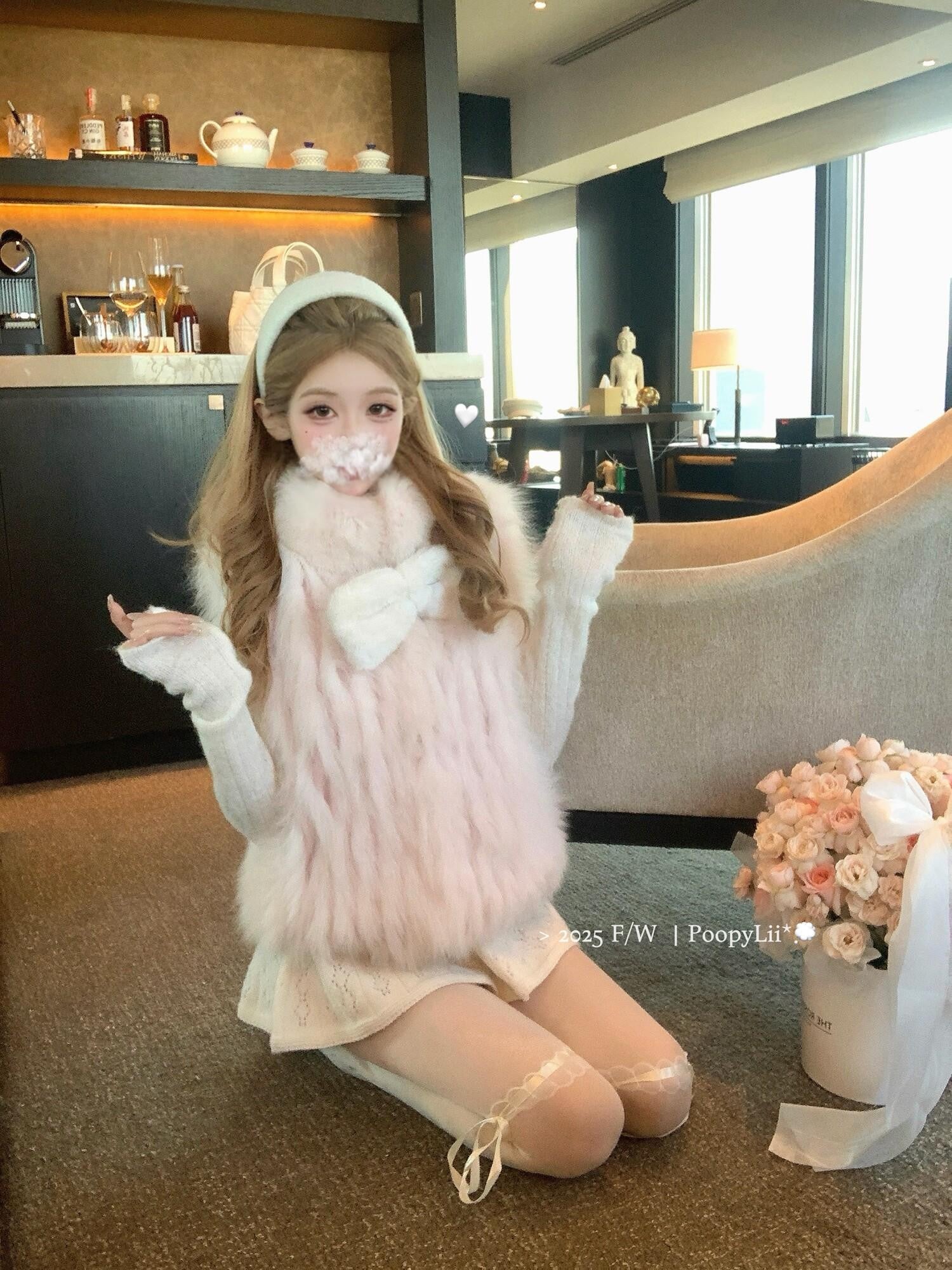 PoopyLii Light Pink Seamed Stripe Stand Collar Slimming Loose Fit Women's Fox Fur Vests