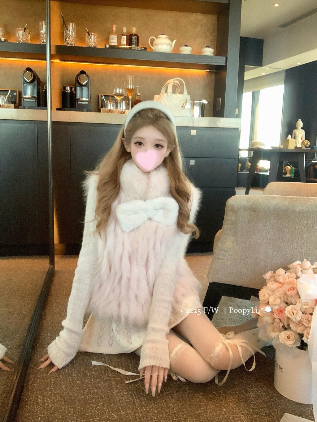 PoopyLii Light Pink Seamed Stripe Stand Collar Slimming Loose Fit Women's Fox Fur Vests