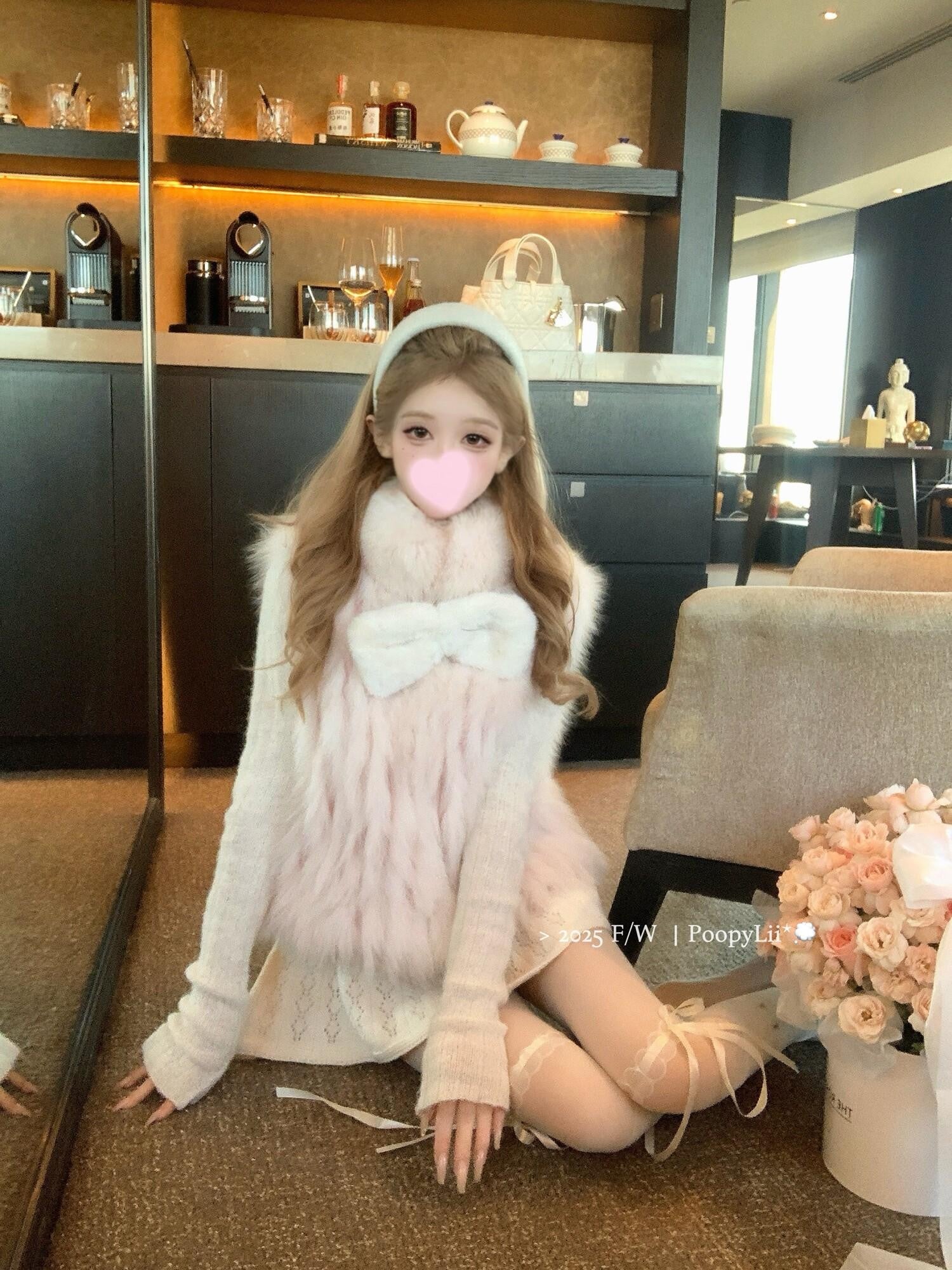 PoopyLii Light Pink Seamed Stripe Stand Collar Slimming Loose Fit Women's Fox Fur Vests