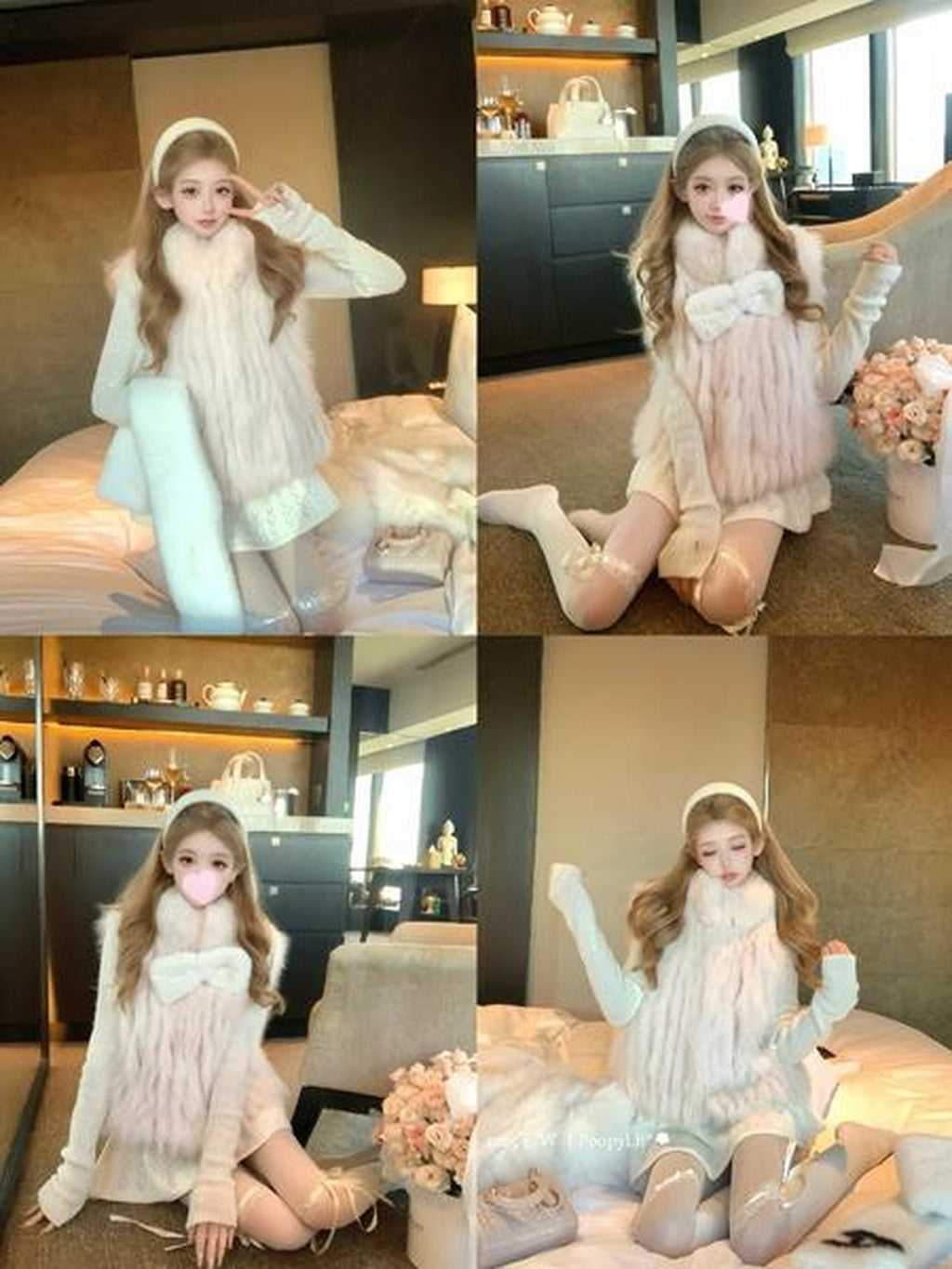 PoopyLii Light Pink Seamed Stripe Stand Collar Slimming Loose Fit Women's Fox Fur Vests