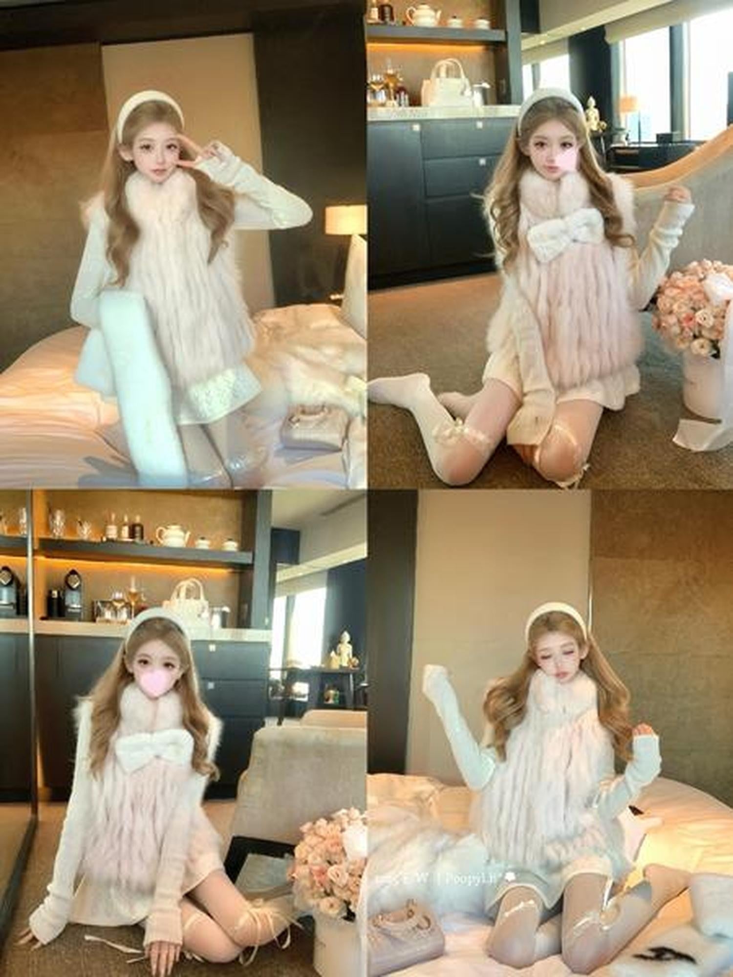 PoopyLii Light Pink Seamed Stripe Stand Collar Slimming Loose Fit Women's Fox Fur Vests