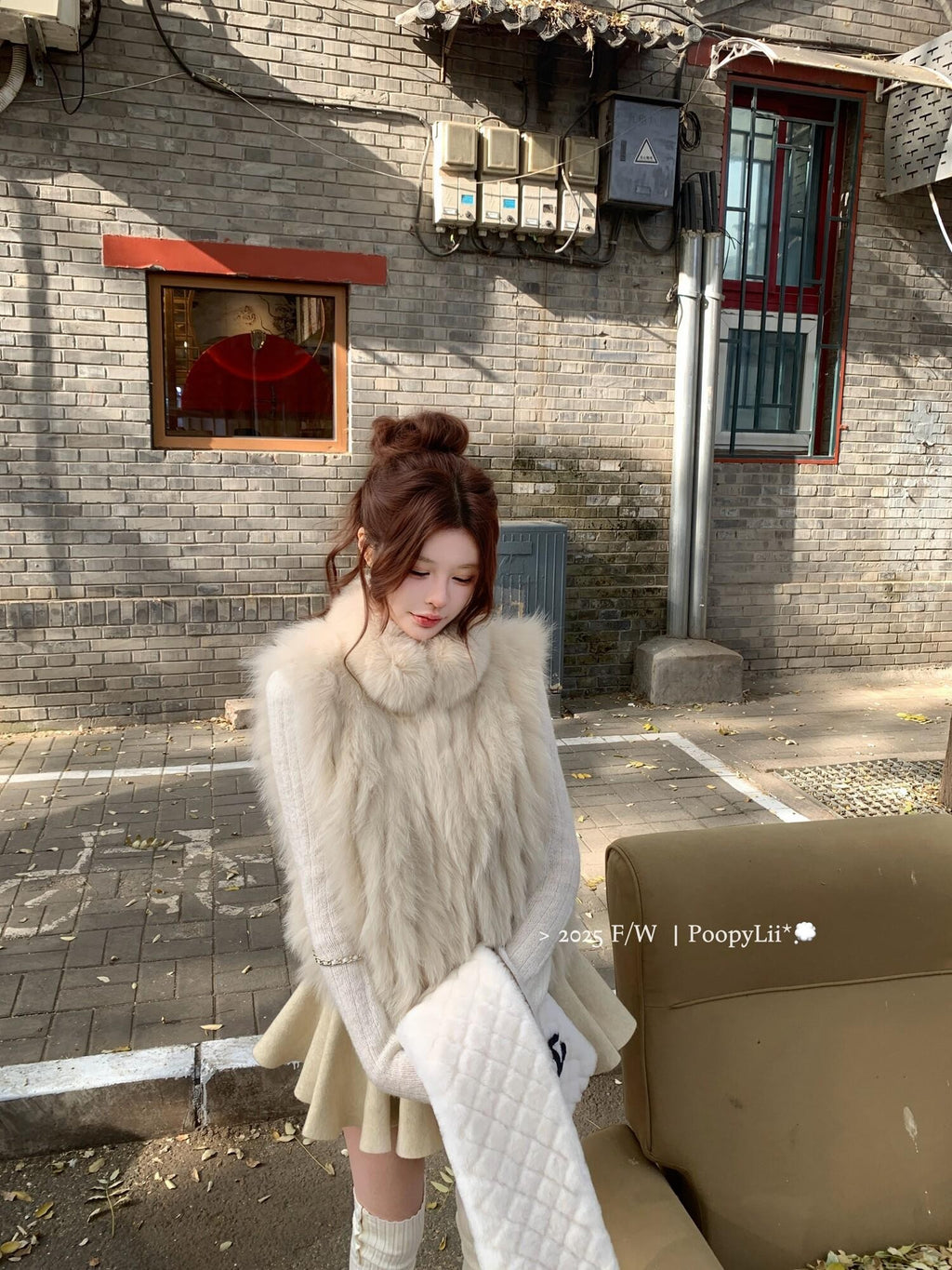 PoopyLii Light Pink Seamed Stripe Stand Collar Slimming Loose Fit Women's Fox Fur Vests