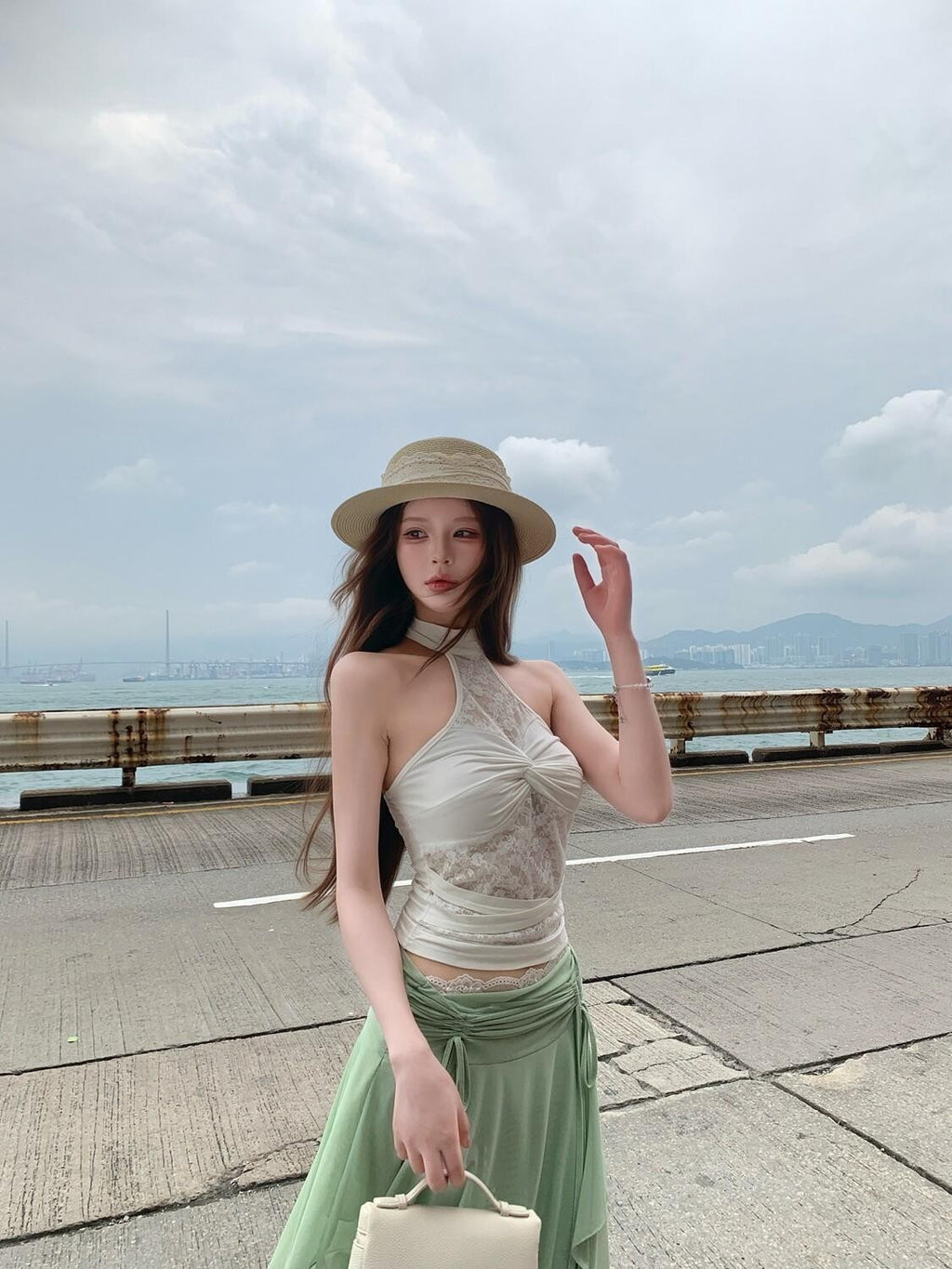 PoopyLii Lime Mist Asymmetric Crinkled Draped A Line Women's Tulle Midi Skirts