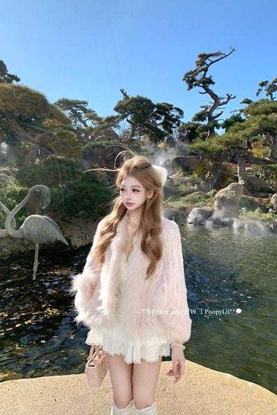 PoopyLii_Lotus_Pink_Fox_Fur_Woven_V-neck_Long_Sleeve_Women's_Rabbit_Fur_Cape_Coats_1000381406059_MISSTT