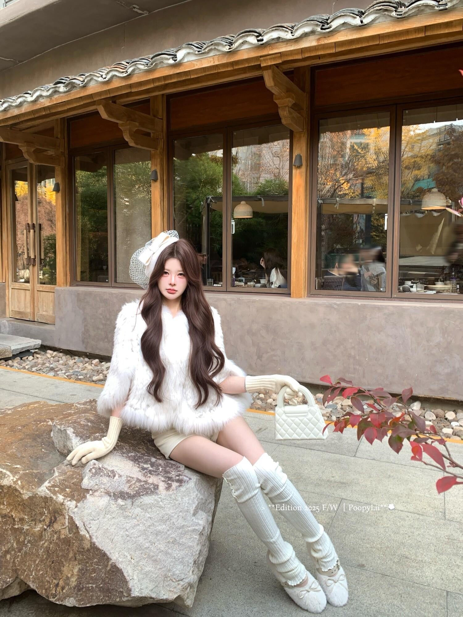 PoopyLii Lotus Pink Fox Fur Woven V-neck Long Sleeve Women's Rabbit Fur Cape Coats