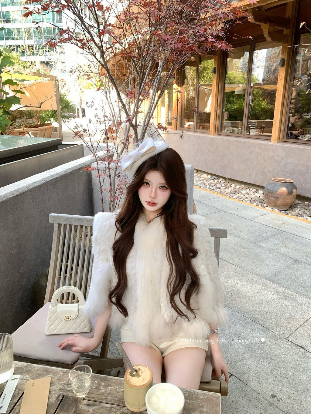 PoopyLii Lotus Pink Fox Fur Woven V-neck Long Sleeve Women's Rabbit Fur Cape Coats