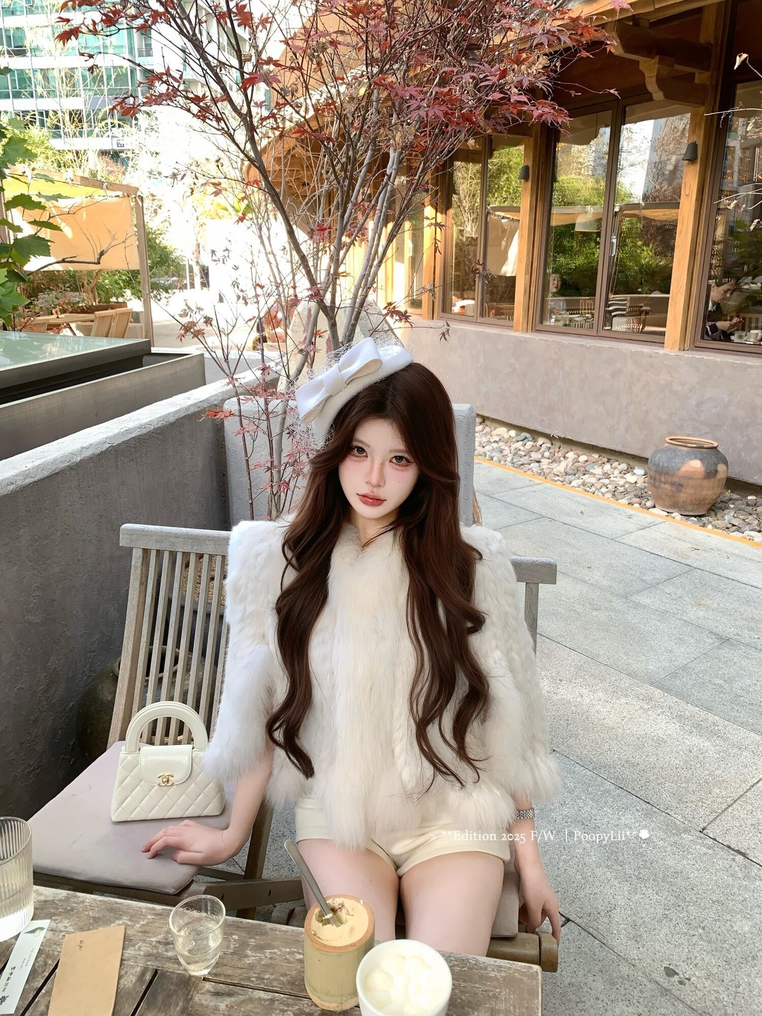 PoopyLii Lotus Pink Fox Fur Woven V-neck Long Sleeve Women's Rabbit Fur Cape Coats