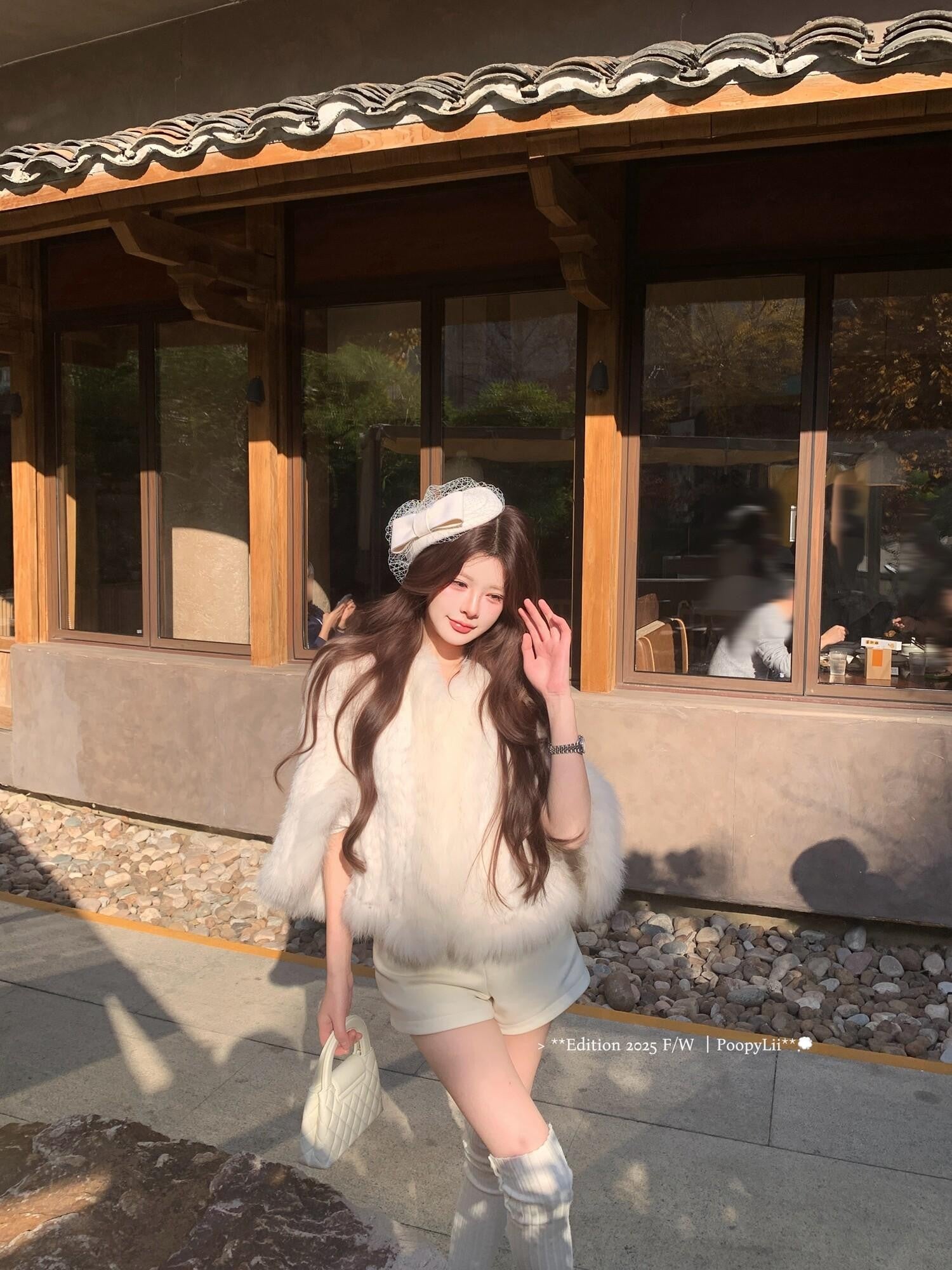 PoopyLii Lotus Pink Fox Fur Woven V-neck Long Sleeve Women's Rabbit Fur Cape Coats