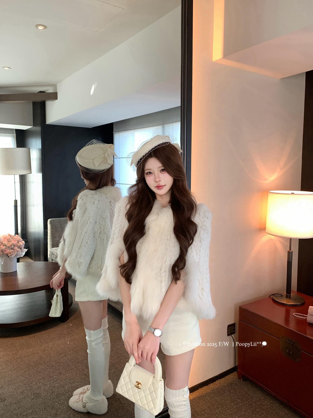 PoopyLii Lotus Pink Fox Fur Woven V-neck Long Sleeve Women's Rabbit Fur Cape Coats