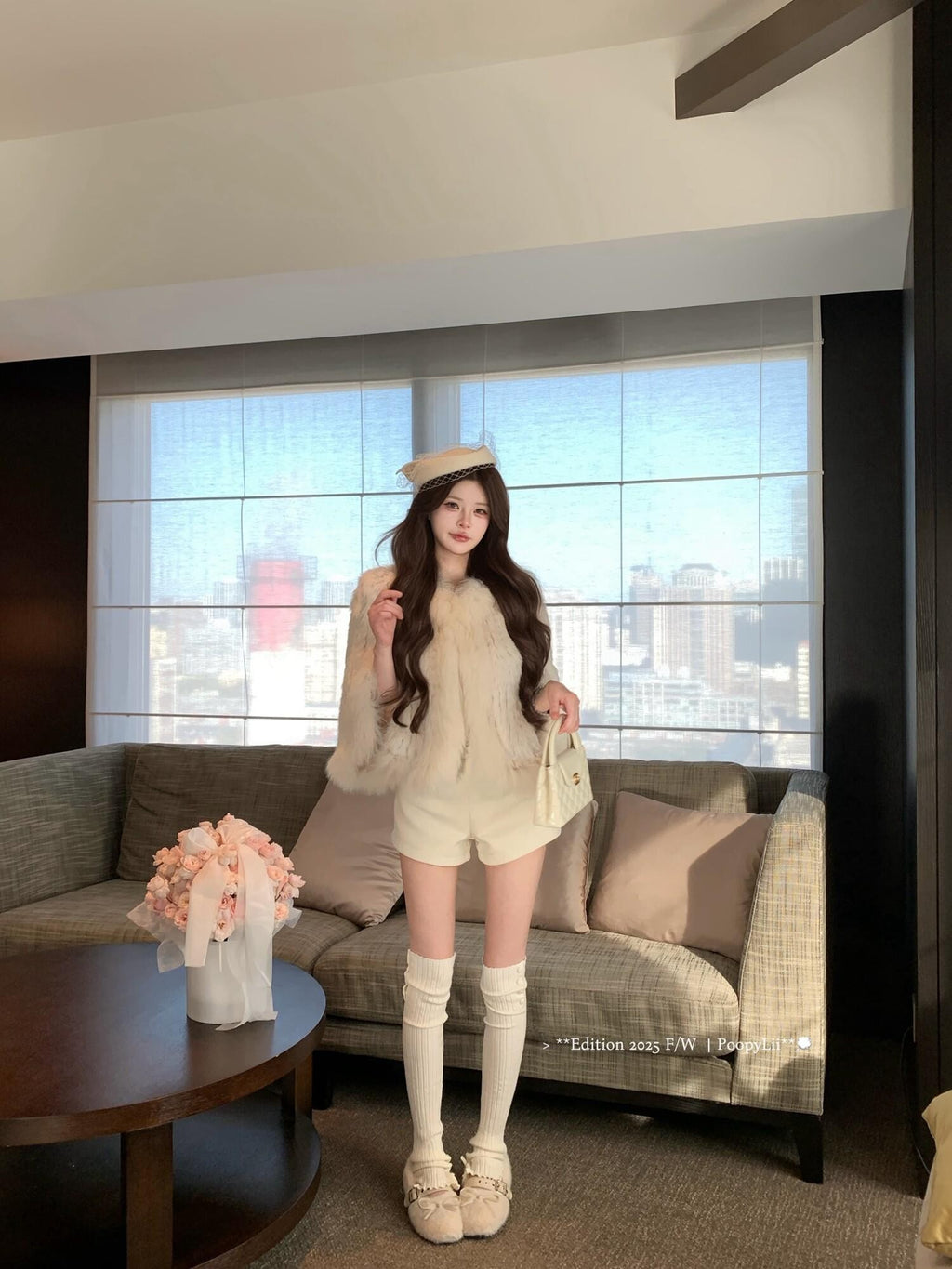 PoopyLii Lotus Pink Fox Fur Woven V-neck Long Sleeve Women's Rabbit Fur Cape Coats