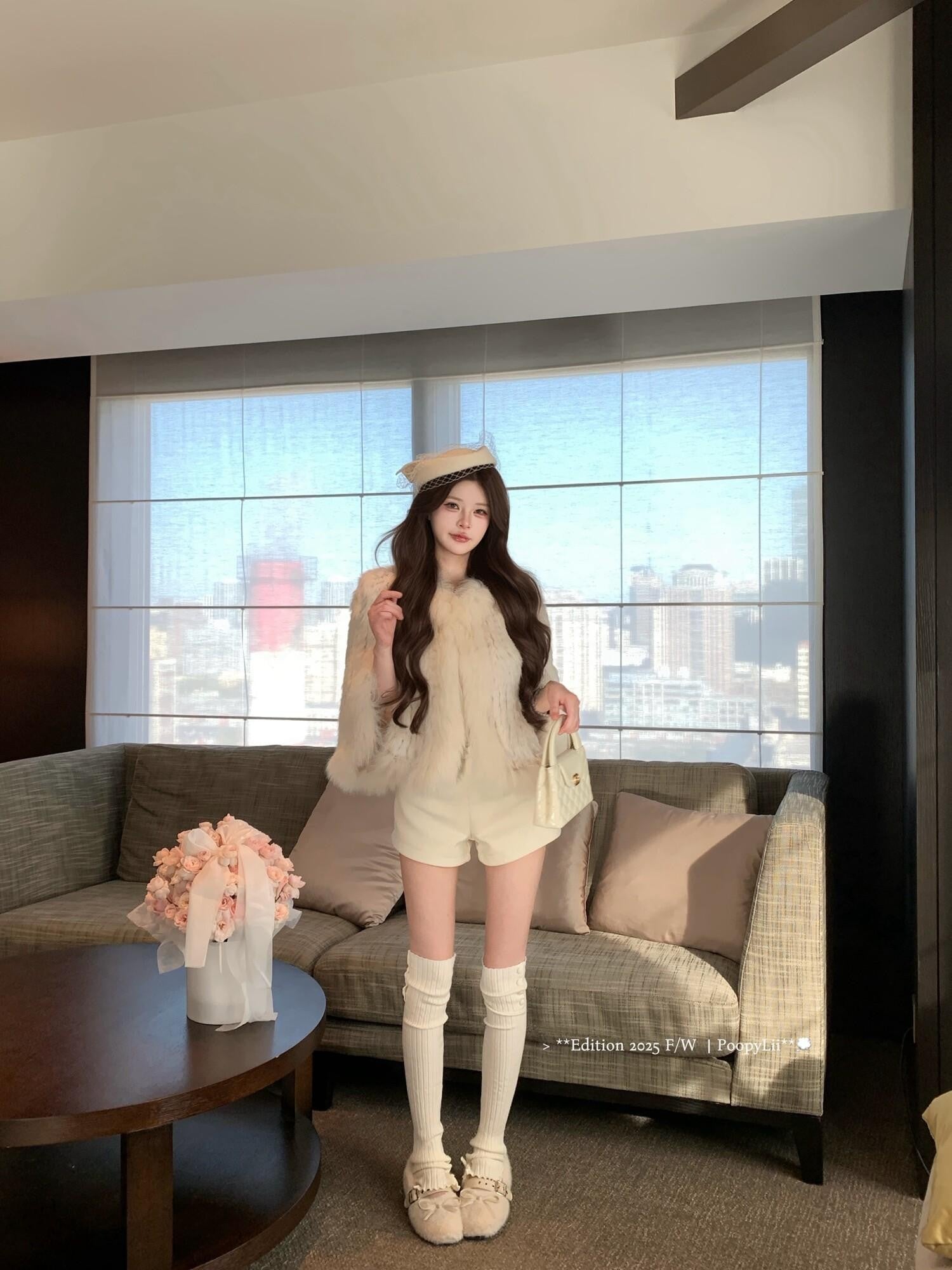 PoopyLii Lotus Pink Fox Fur Woven V-neck Long Sleeve Women's Rabbit Fur Cape Coats