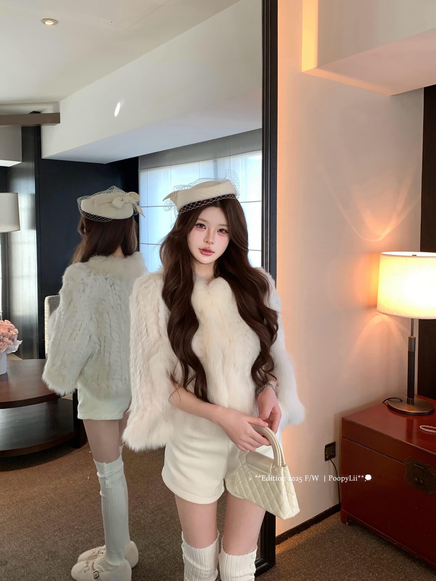 PoopyLii Lotus Pink Fox Fur Woven V-neck Long Sleeve Women's Rabbit Fur Cape Coats